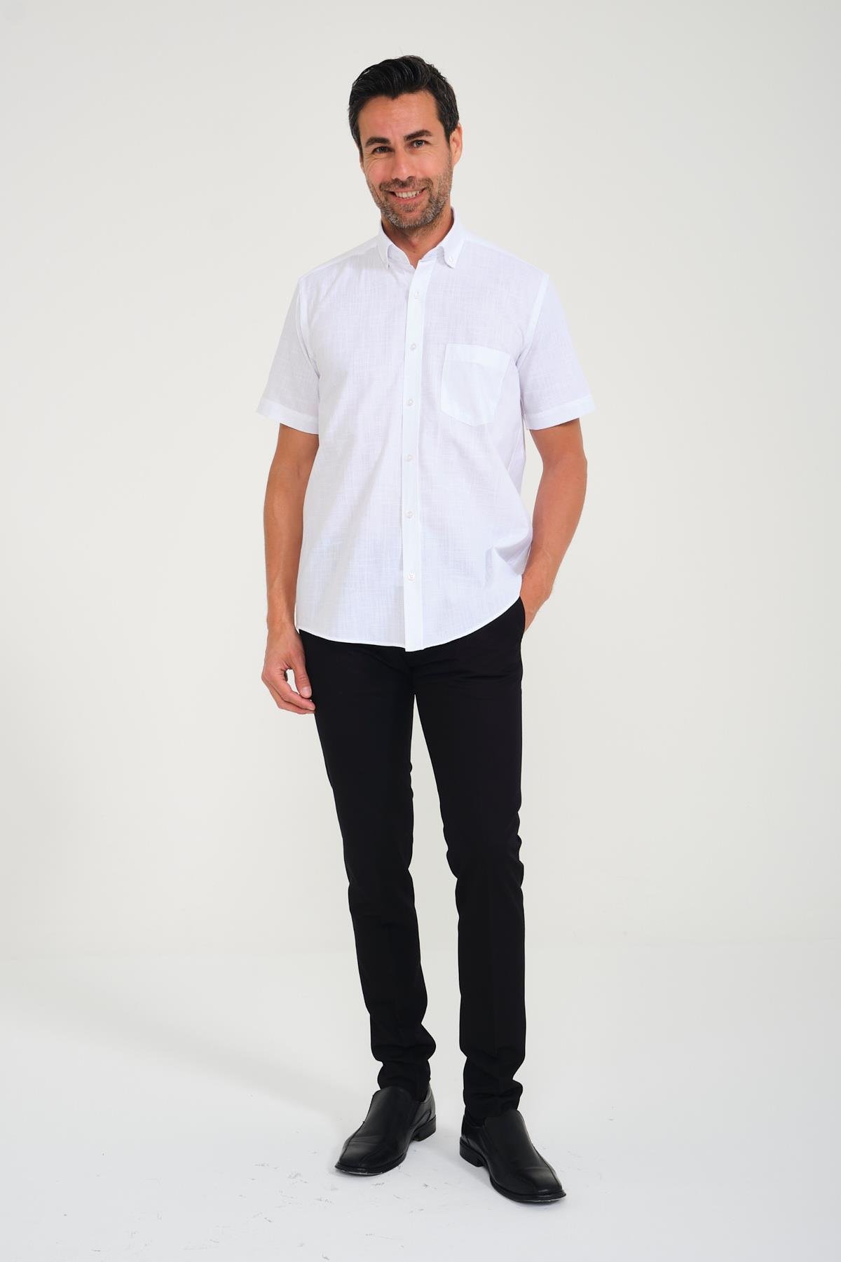 Klasik Kısa Kol Linen Keten Yaka Düğmeli Hediye Kutulu Erkek Gömlek FS-001202 - Beyaz Lacivert