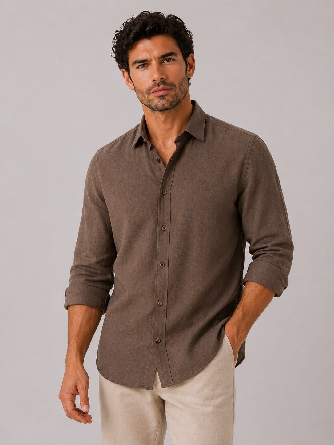 Slim Fit Uzun Kol %100 Keten Nefes Alabilen Kumaştan Hediye Kutulu Erkek Gömlek FS-004170 - Kahverengi