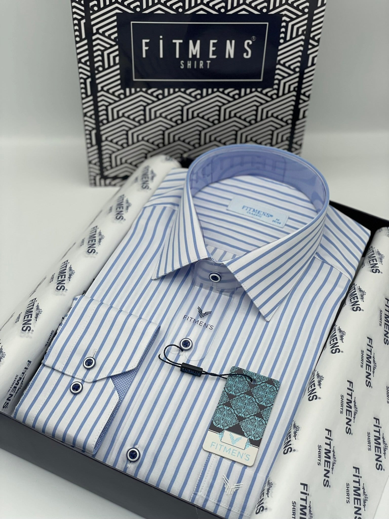 Klasik Uzun Kol Kalın Çizgili Hediye Kutulu Erkek Gömlek FS-001260 - Beyaz Açık Mavi