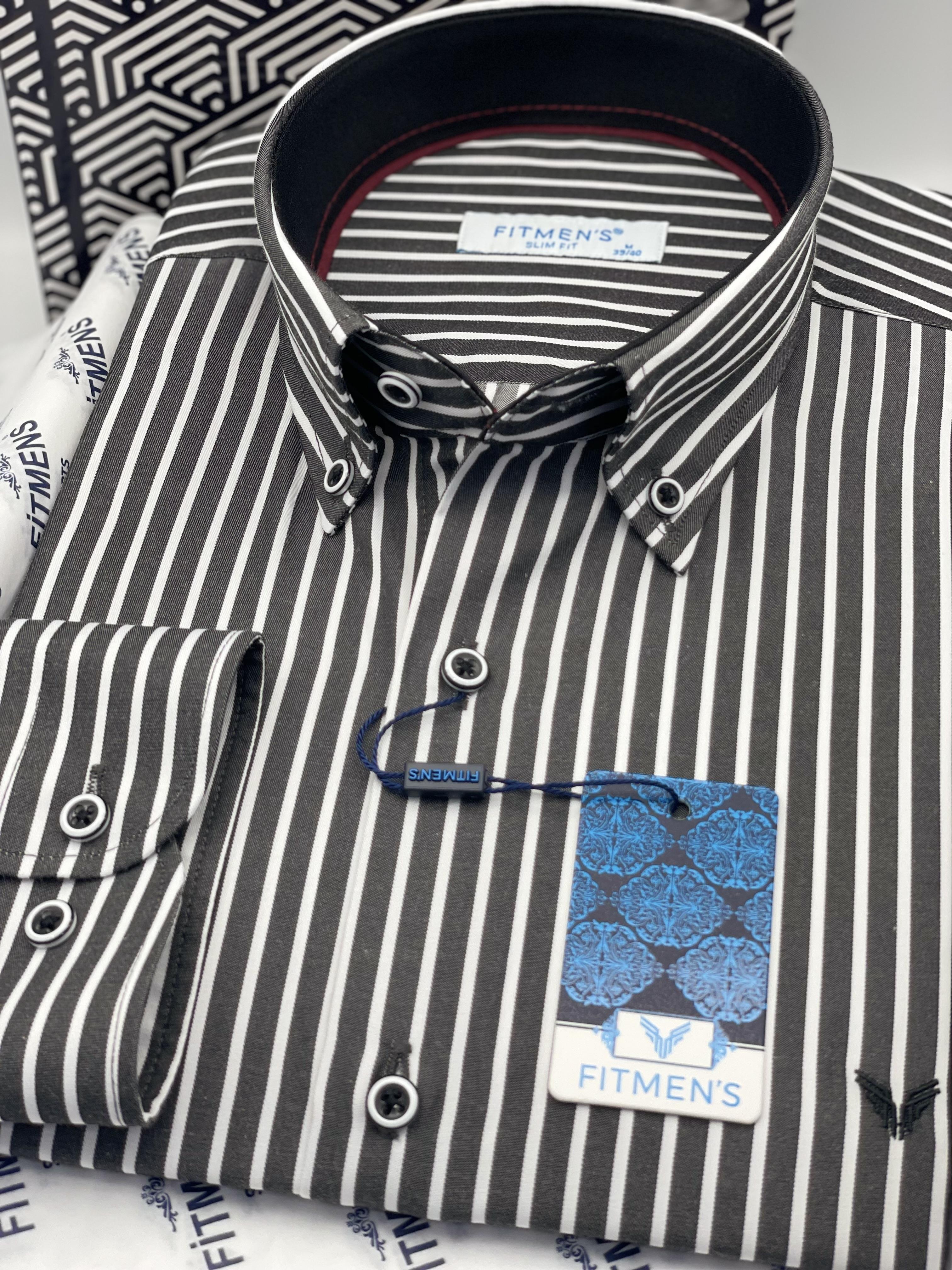 Slim Fit Uzun Kol Premium Kalın Çizgili Yaka Düğmeli Hediye Kutulu Kolay Ütülenebilir Erkek Gömlek FS-001375 - Siyah