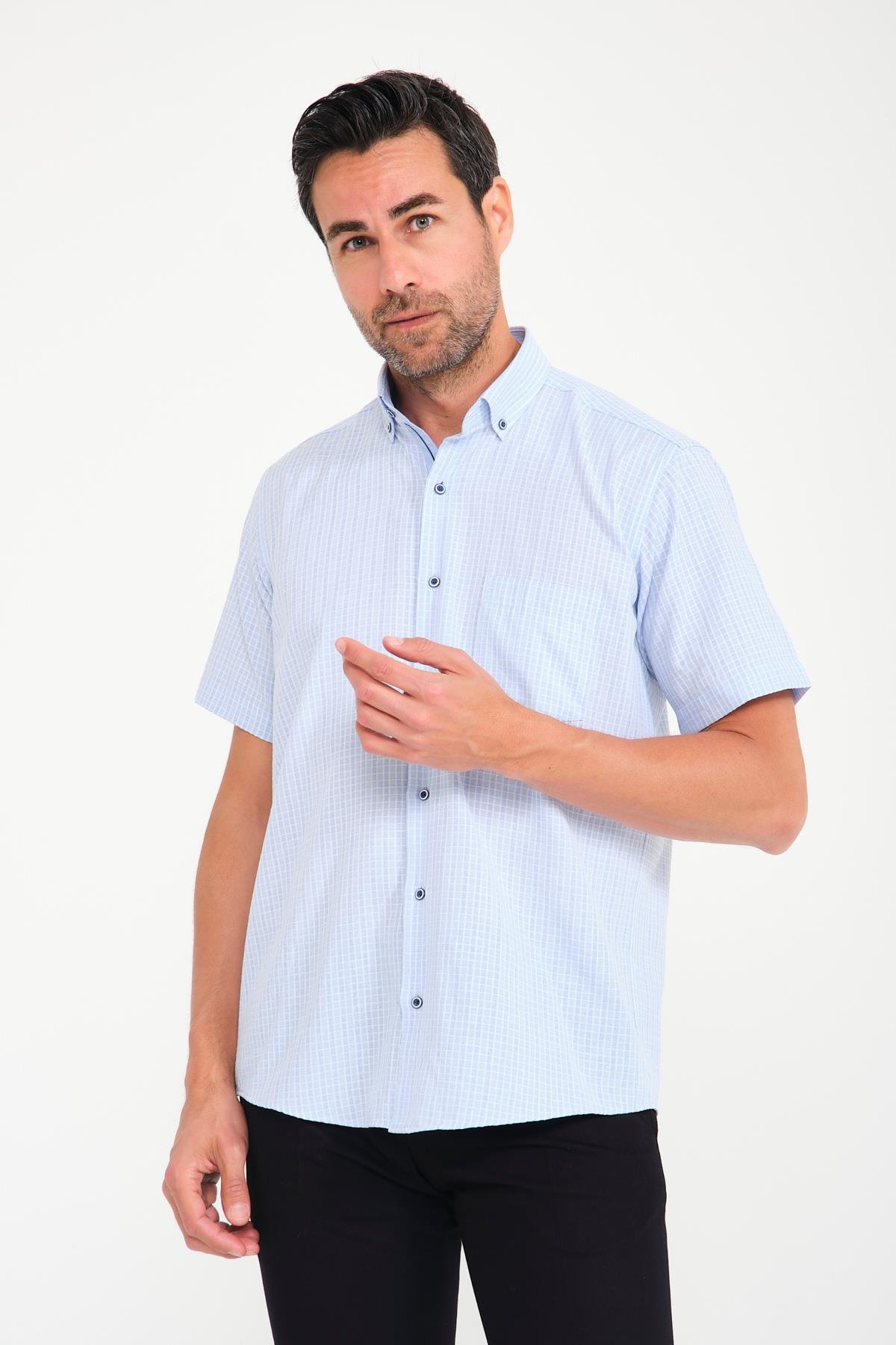 Klasik Kısa Kol Neon Kare Yaka Düğmeli Hediye Kutulu Erkek Gömlek FS-001221 - Açık Mavi
