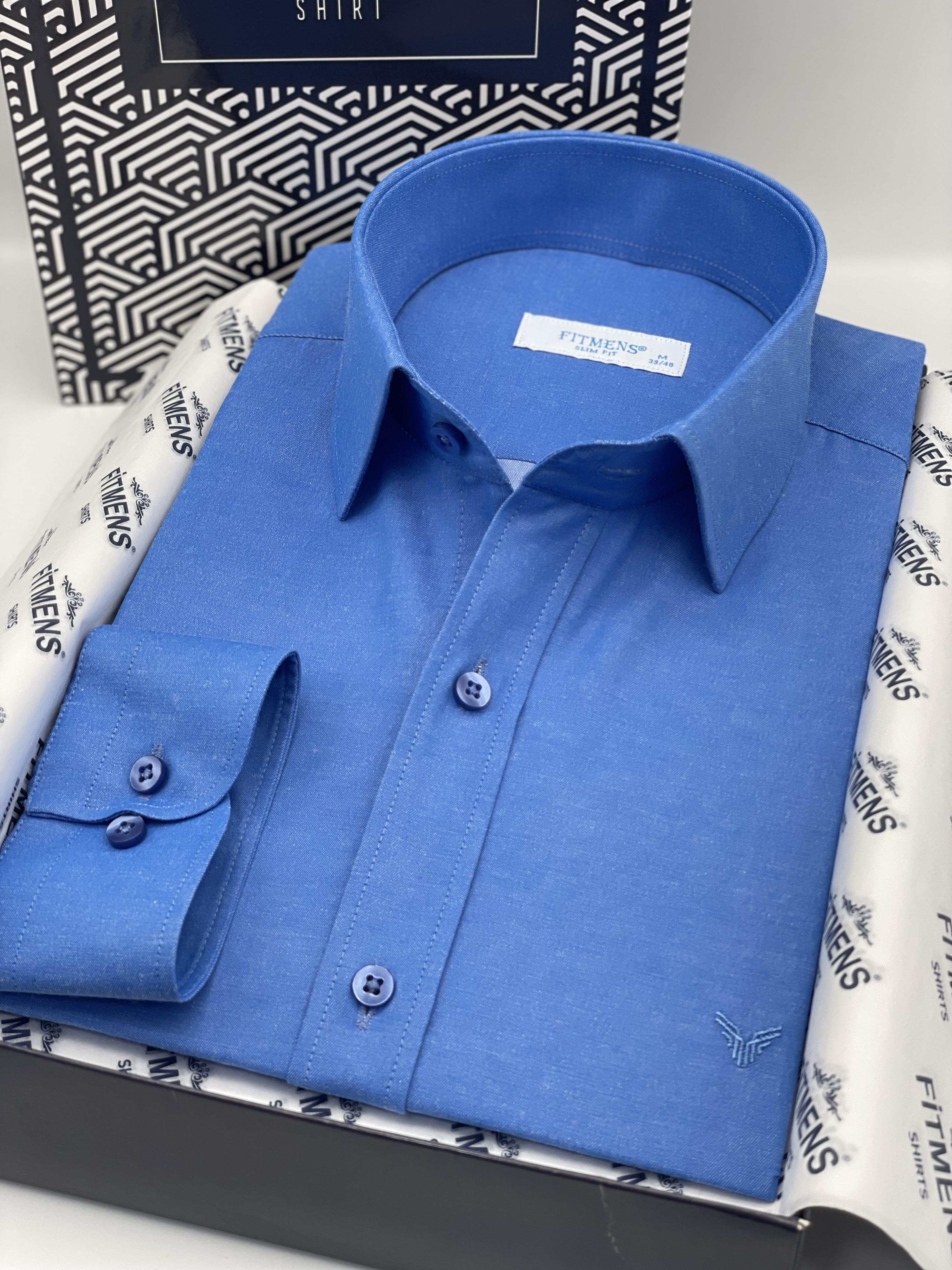 Slim Fit Uzun Kol Saten Hediye Kutulu Kolay Ütülenebilir Erkek Gömlek FS-002968 - Saks Mavi