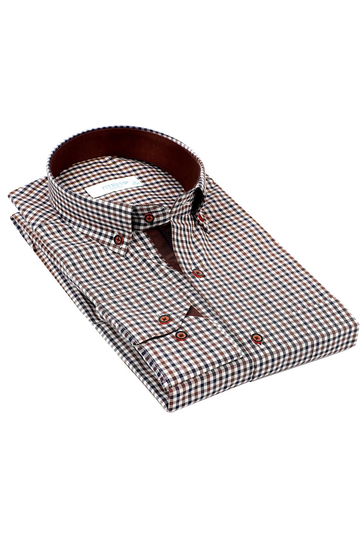 Klasik Uzun Kol King Kareli Hediye Kutulu Erkek Gömlek FS-001258 - Kahverengi