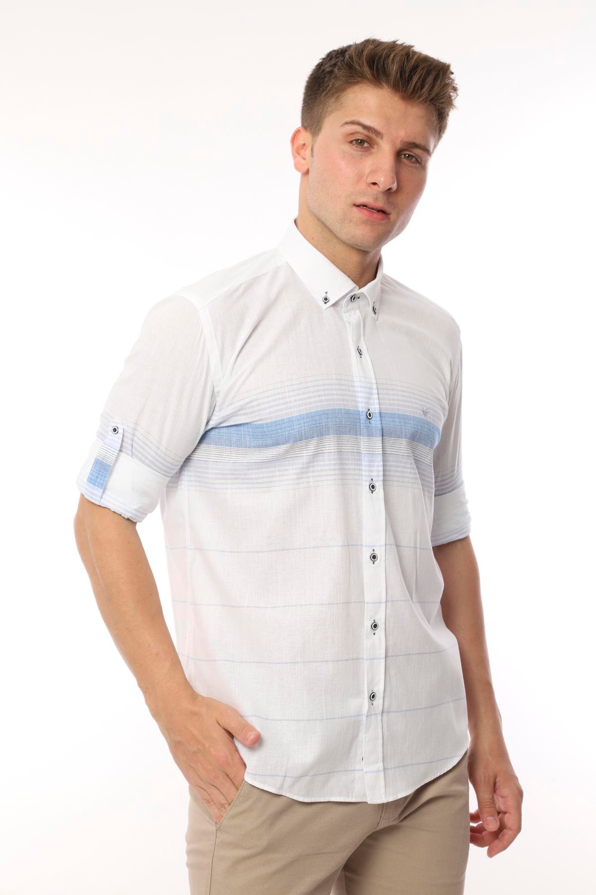 Slim Fit Uzun Kol Panolu Keten Hediye Kutulu Kolay Ütülenebilir Erkek Gömlek FS-002994 - Mavi