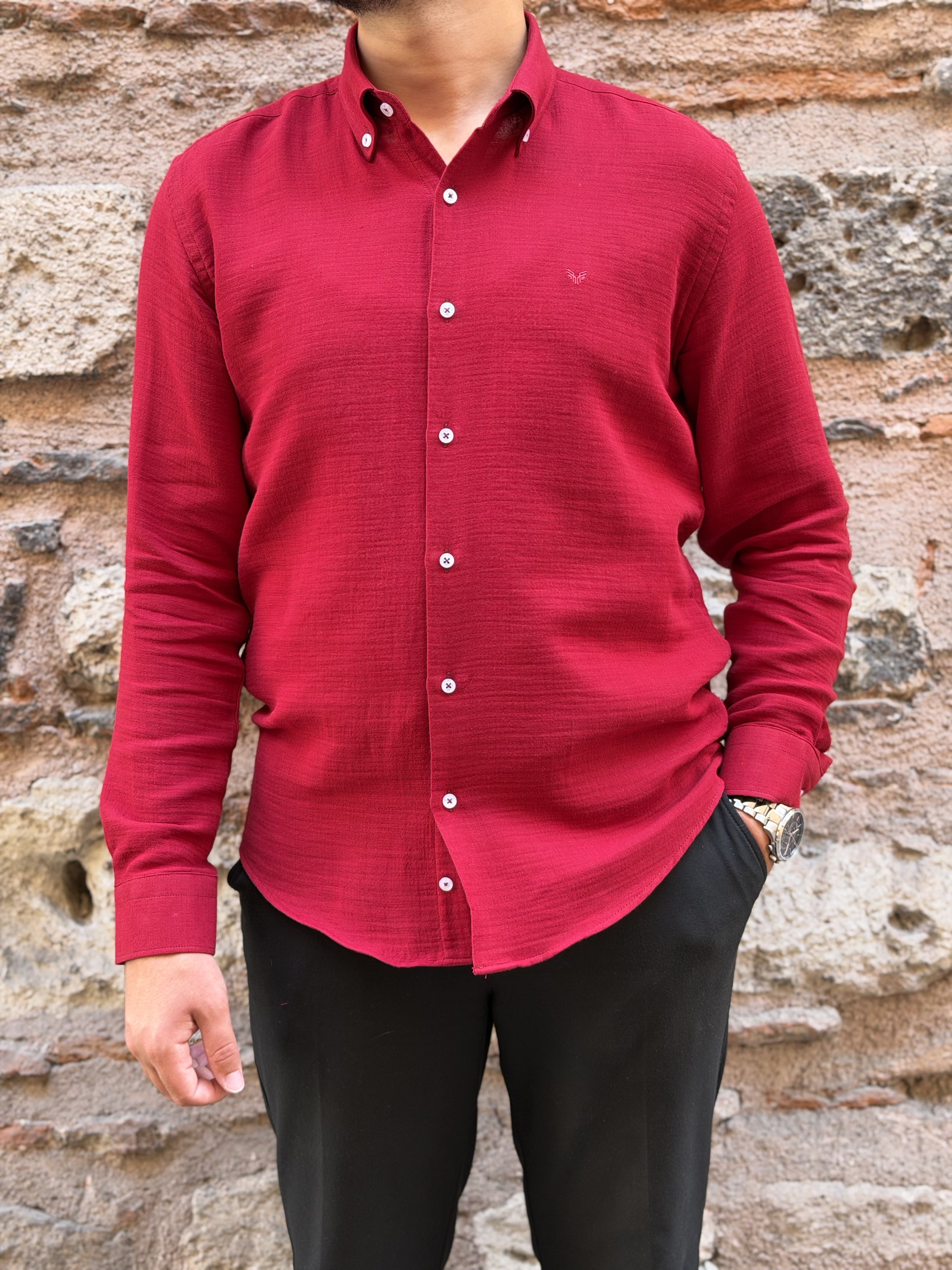 Slim Fit Uzun Kol Müslin Pamuk Rahat Nefes Alabilen Kumaştan Yaka Düğmeli Hediye Kutulu Erkek Gömlek FS-004202 - Bordo