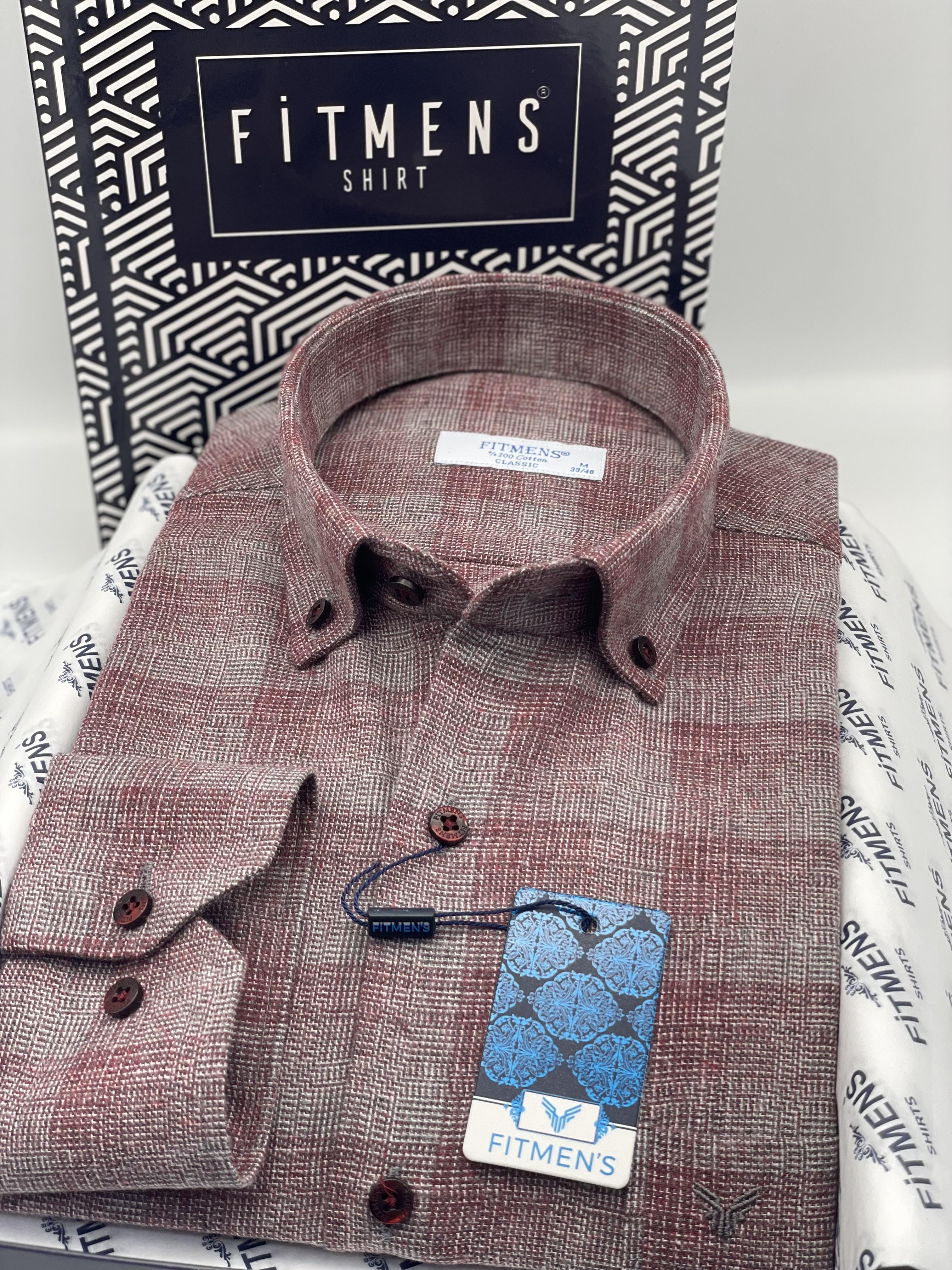 Klasik Uzun Kol Kışlık %100 Cotton Kareli Yaka Düğmeli Hediye Kutulu Erkek Gömlek FS-003135 - Bordo