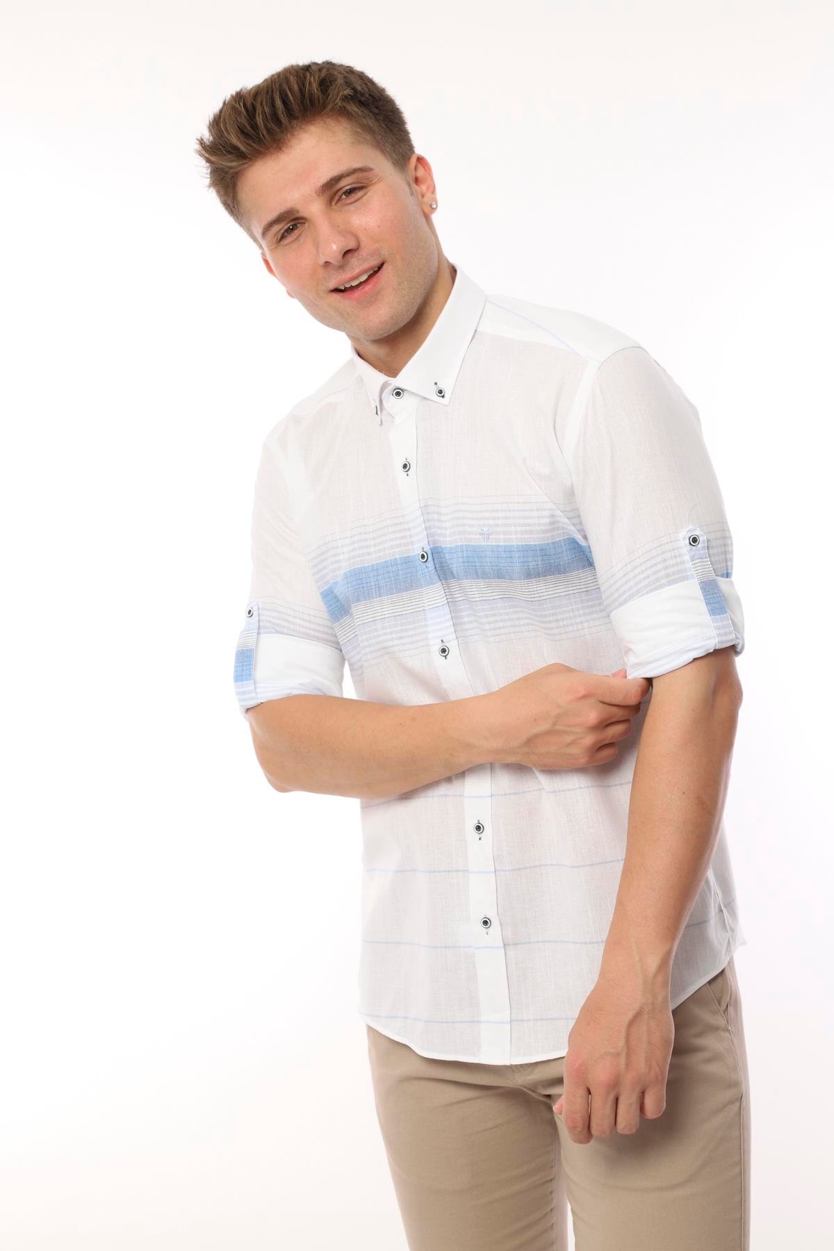 Slim Fit Uzun Kol Panolu Keten Hediye Kutulu Kolay Ütülenebilir Erkek Gömlek FS-002994 - Mavi