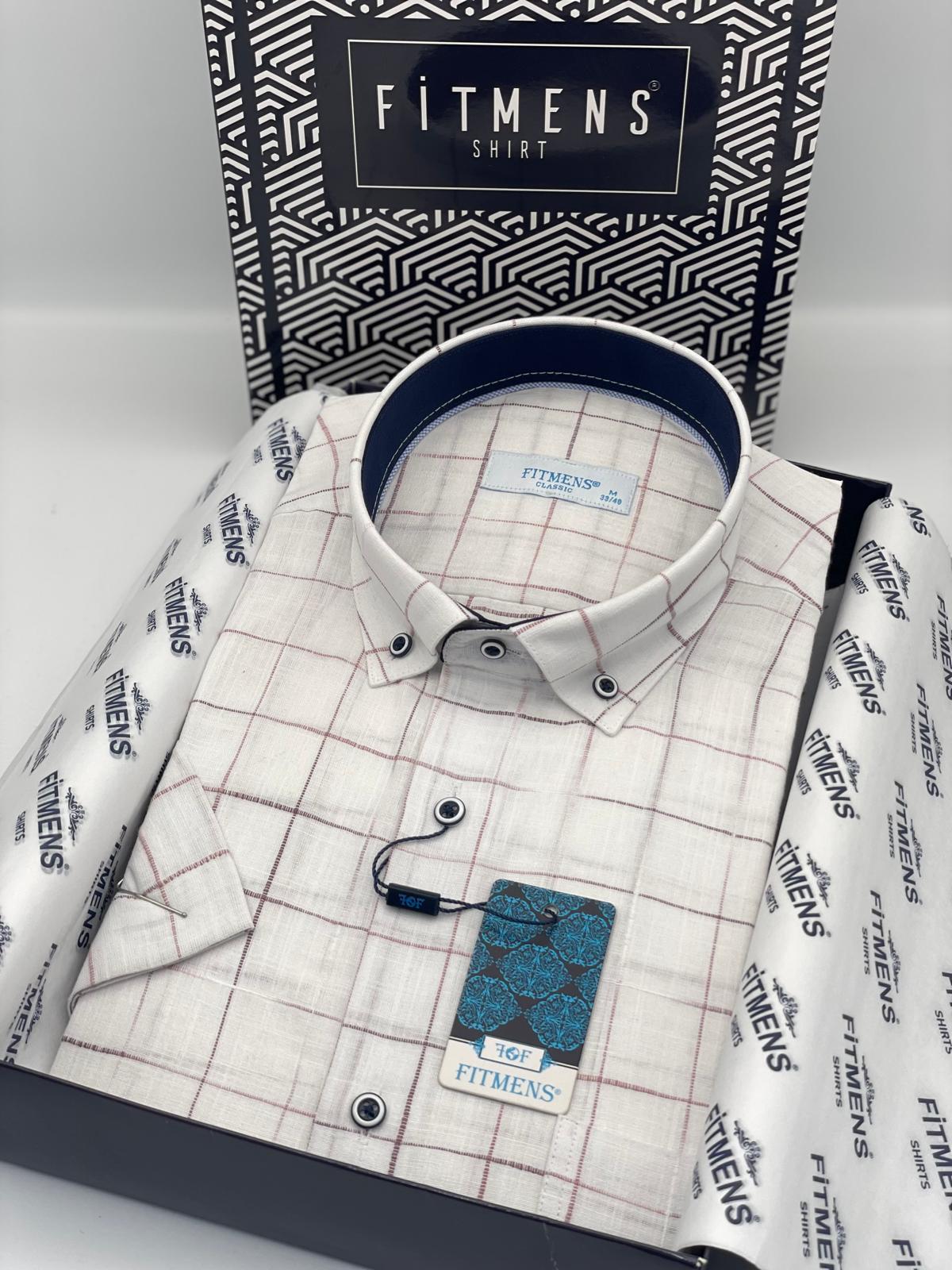 Klasik Kısa Kol Kareli Keten Cotton Yaka Düğmeli Hediye Kutulu Erkek Gömlek FS-003573 - Beyaz Bordo