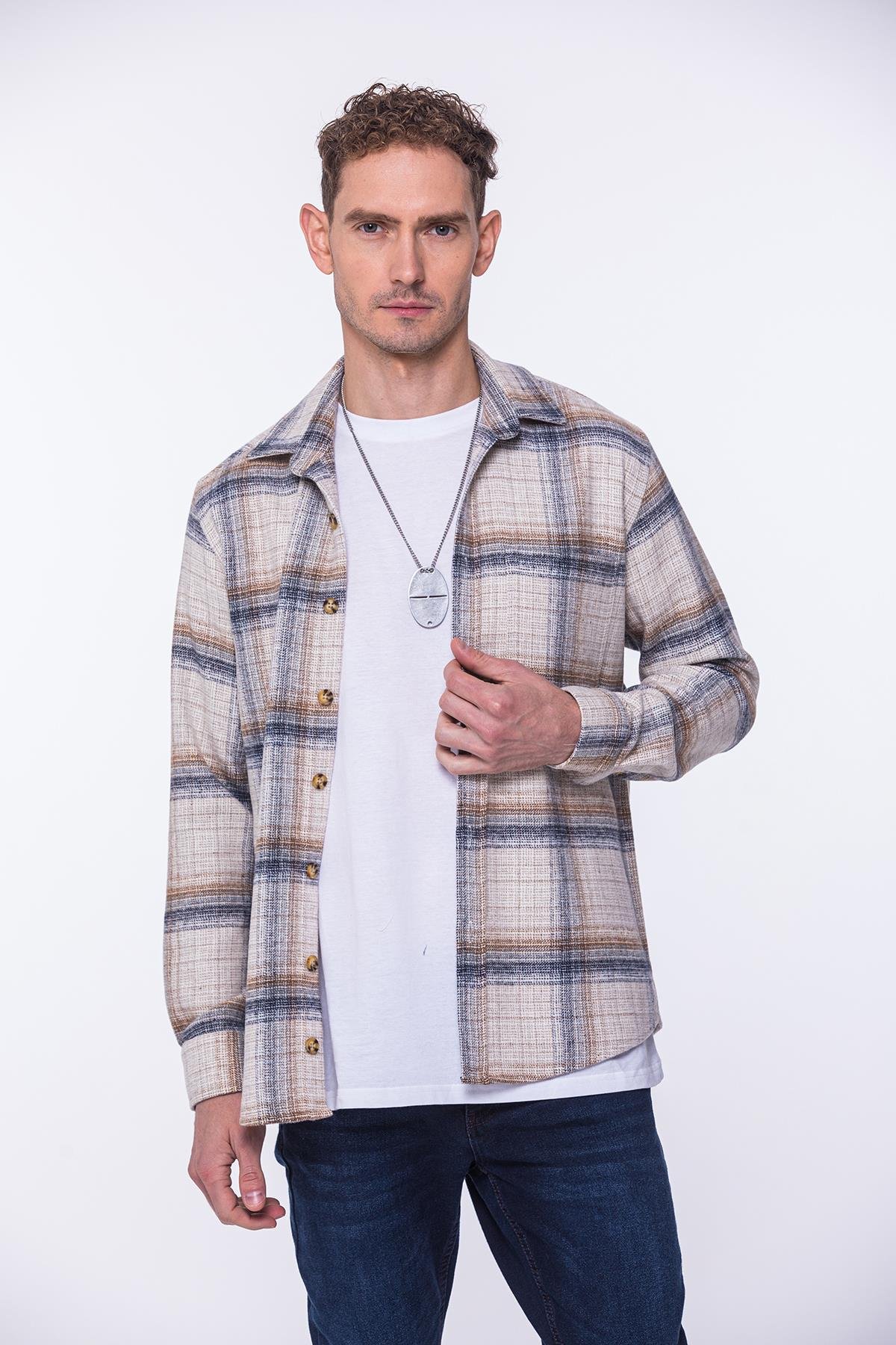 Oversize Oduncu Yumuşak Dokulu %100 Cotton Kareli Hediye Kutulu Erkek Gömlek FS-002202 - Bej