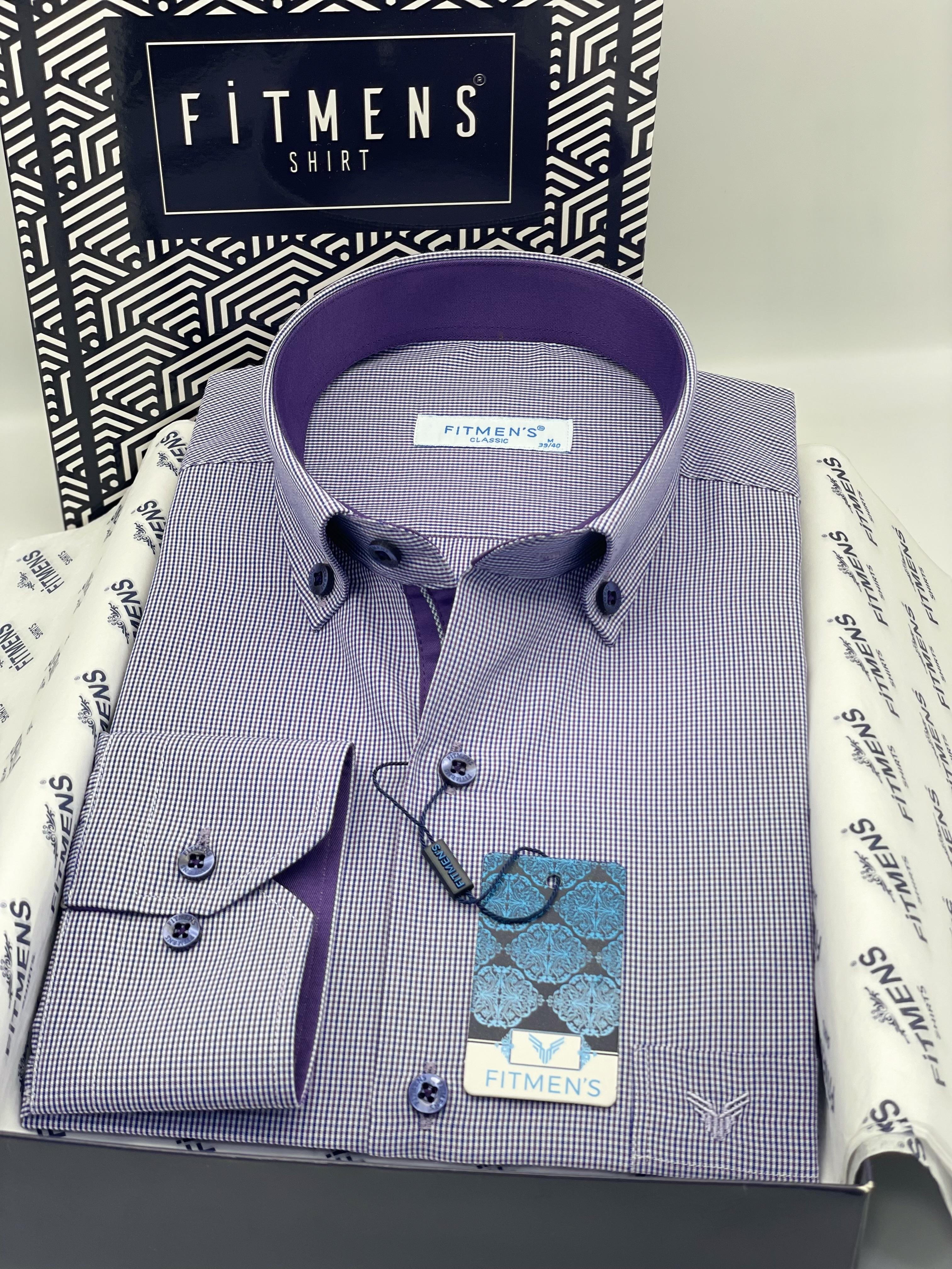 Klasik Uzun Kol Pöti Kareli Yaka Düğmeli Hediye Kutulu Erkek Gömlek FS-002273 - Mor