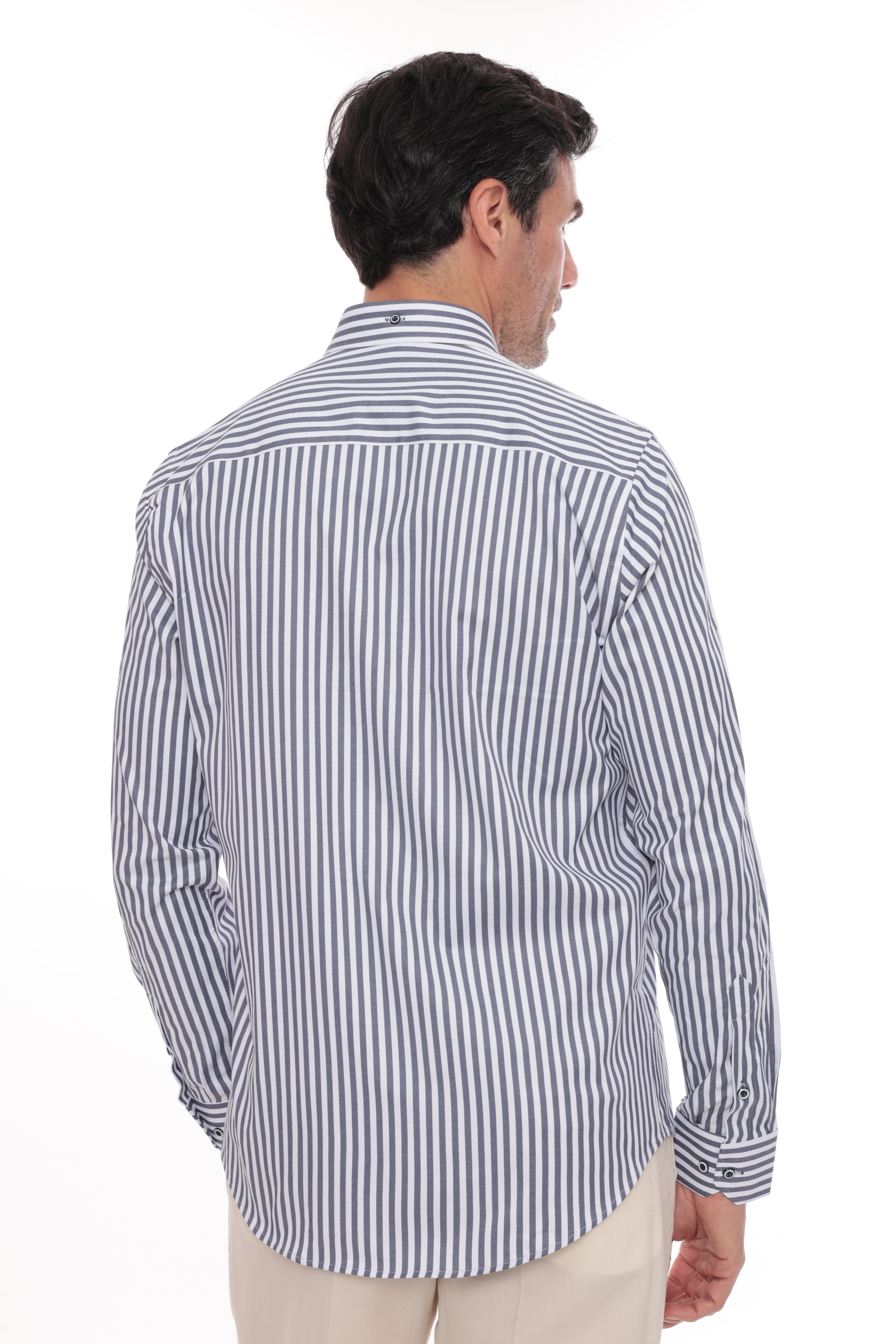 Slim Fit Uzun Kol Likralı Çizgili Yaka Düğmeli Hediye Kutulu Erkek Gömlek FS-003669 - Lacivert