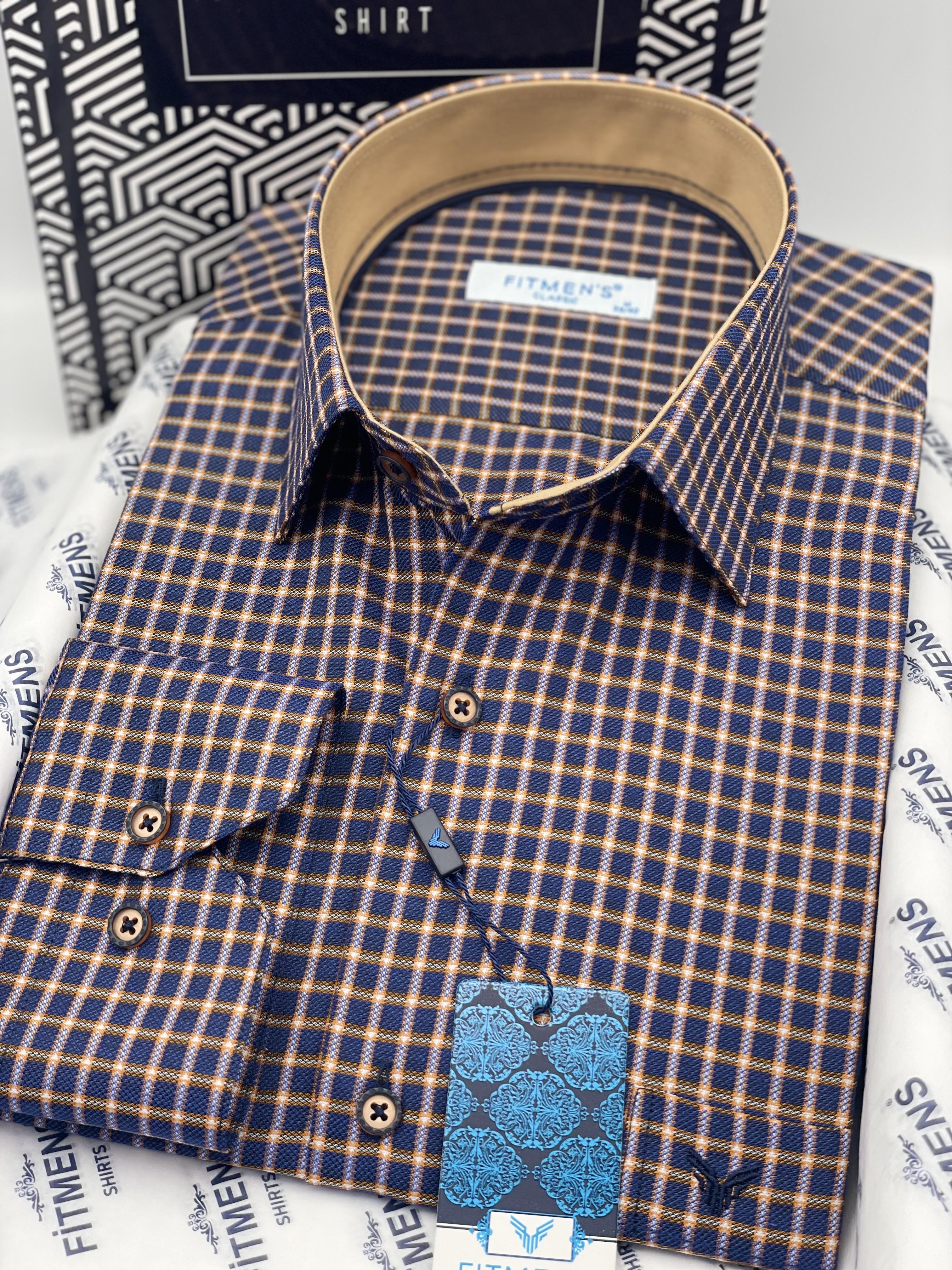 Klasik Geniş Kesim Uzun Kol Elegance Kareli Yaka Düğmeli Hediye Kutulu Erkek Gömlek FS-004341 - Lacivert Bej