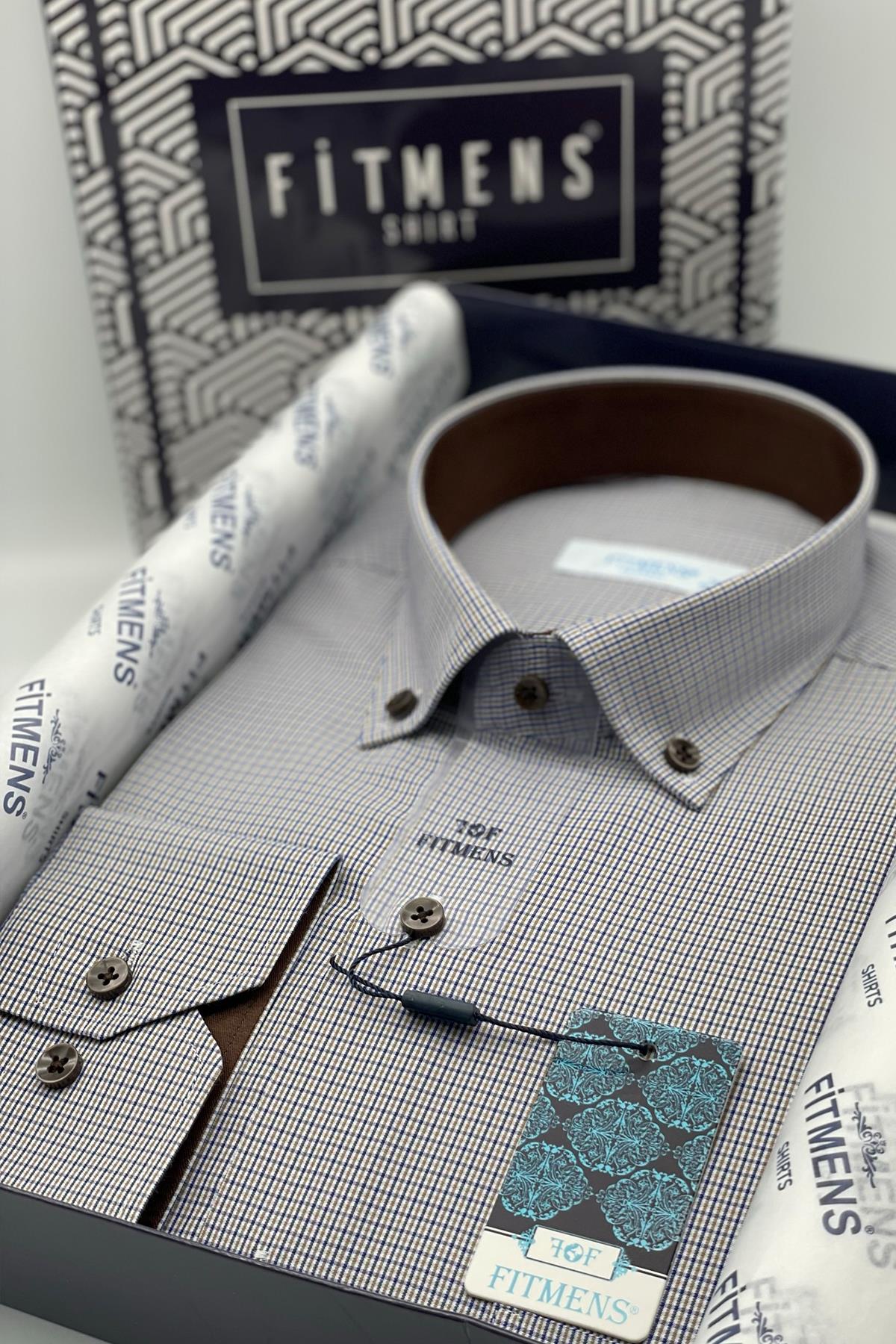 Klasik Uzun Kol Pöti Kareli Yaka Düğmeli Hediye Kutulu Erkek Gömlek FS-002273 - Kahverengi