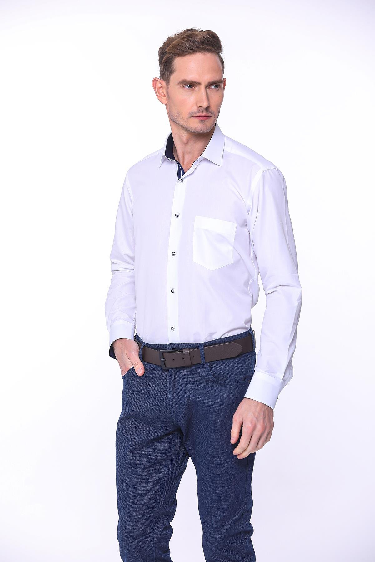 Klasik Uzun Kol Filafil Pitikareli Swift Hediye Kutulu Erkek Gömlek FS-001263 - Beyaz Lacivert