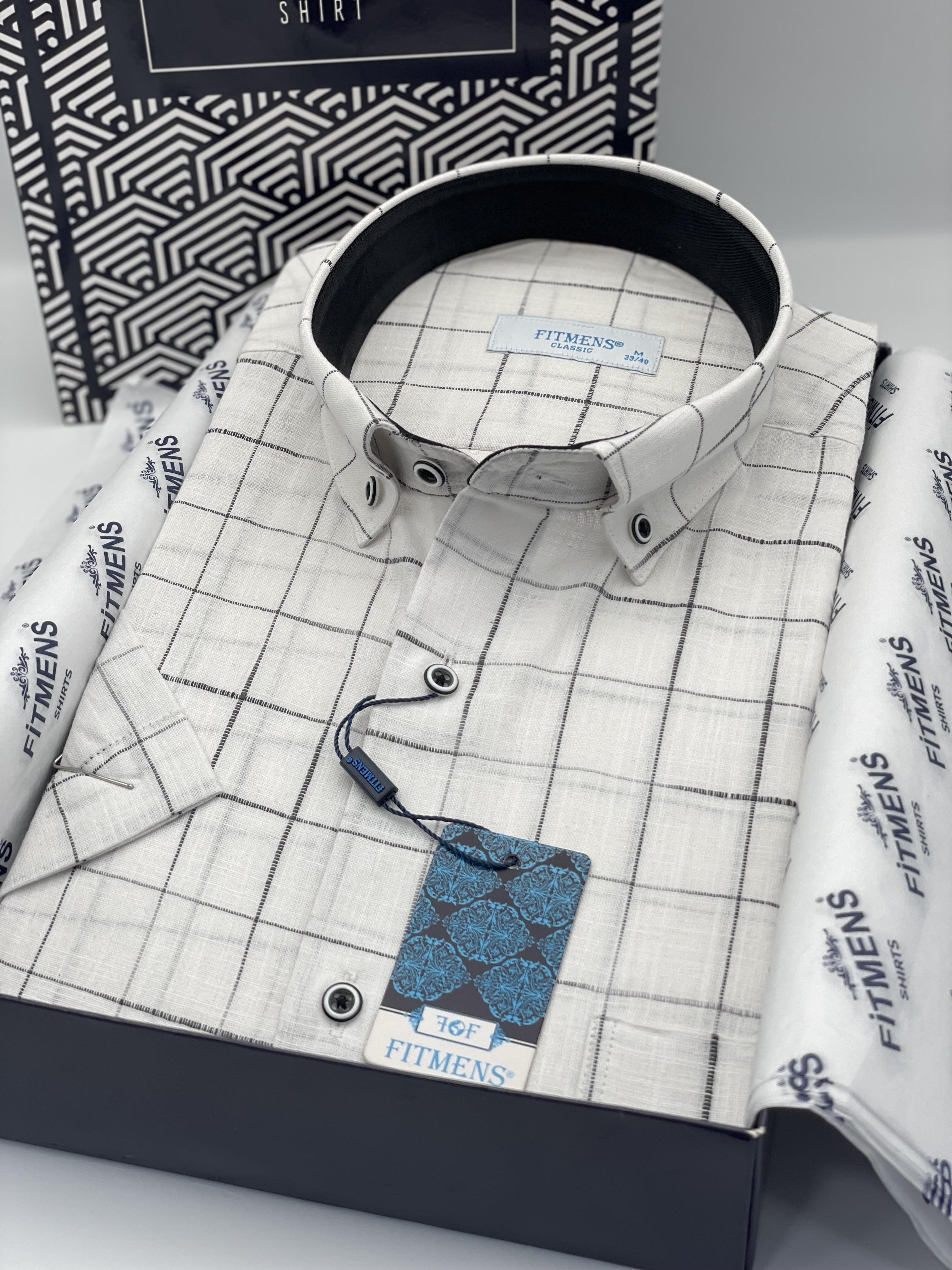 Klasik Kısa Kol Kareli Keten Cotton Yaka Düğmeli Hediye Kutulu Erkek Gömlek FS-003573 - Beyaz Siyah