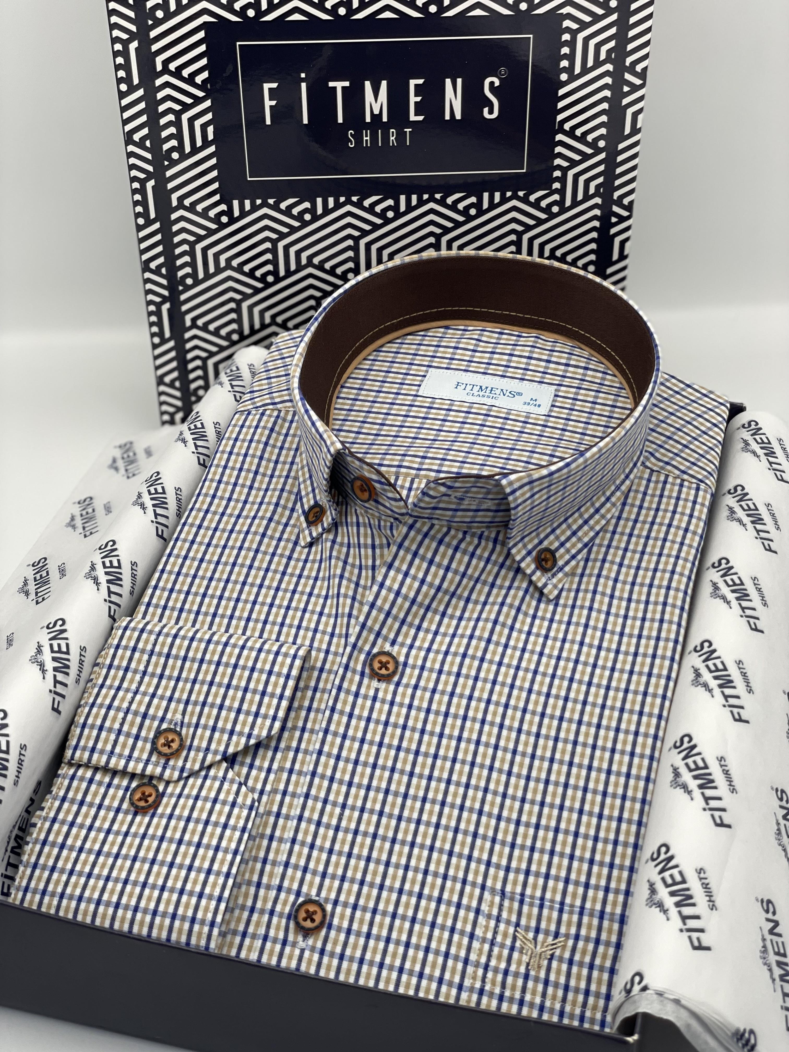Klasik Uzun Kol Yaka Düğmeli Pöti Kareli Hediye Kutulu Erkek Gömlek FS-003774 - Bej