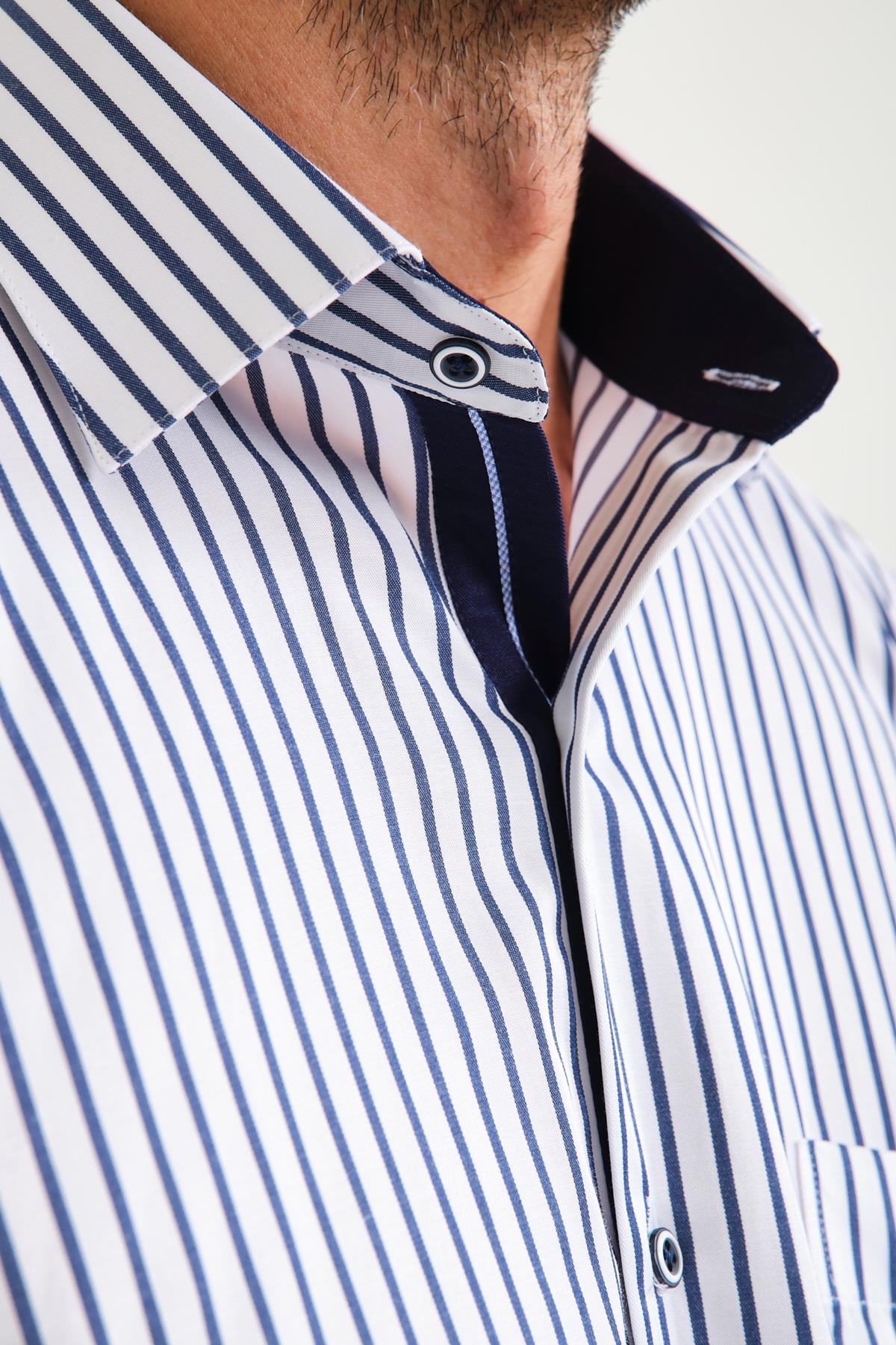Klasik Kısa Kol Kalın Çizgili Hediye Kutulu Erkek Gömlek FS-000702 - Beyaz Lacivert