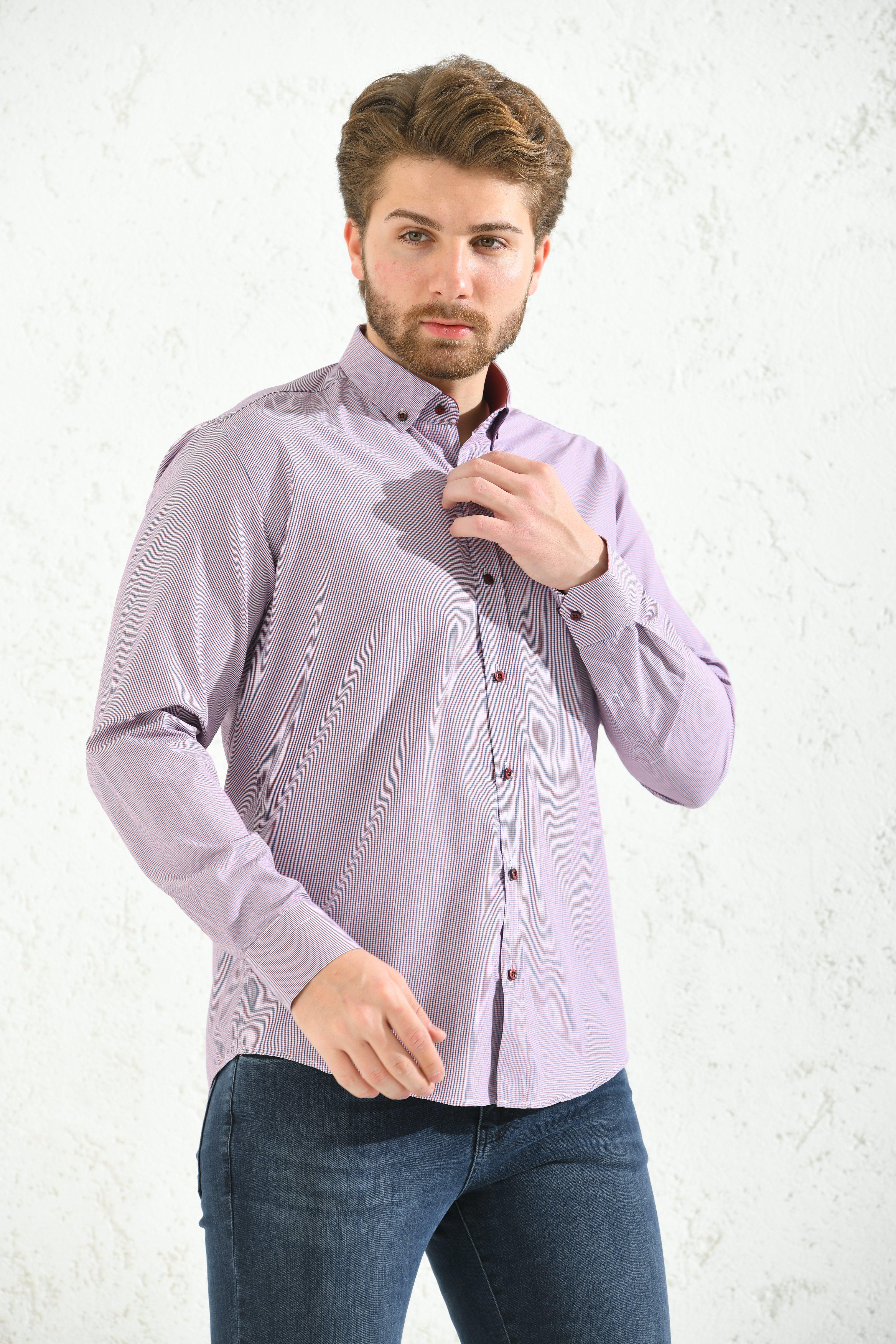 Slim Fit Uzun Kol Pöti Kareli Yaka Düğmeli Hediye Kutulu Erkek Gömlek FS-001373 - Bordo