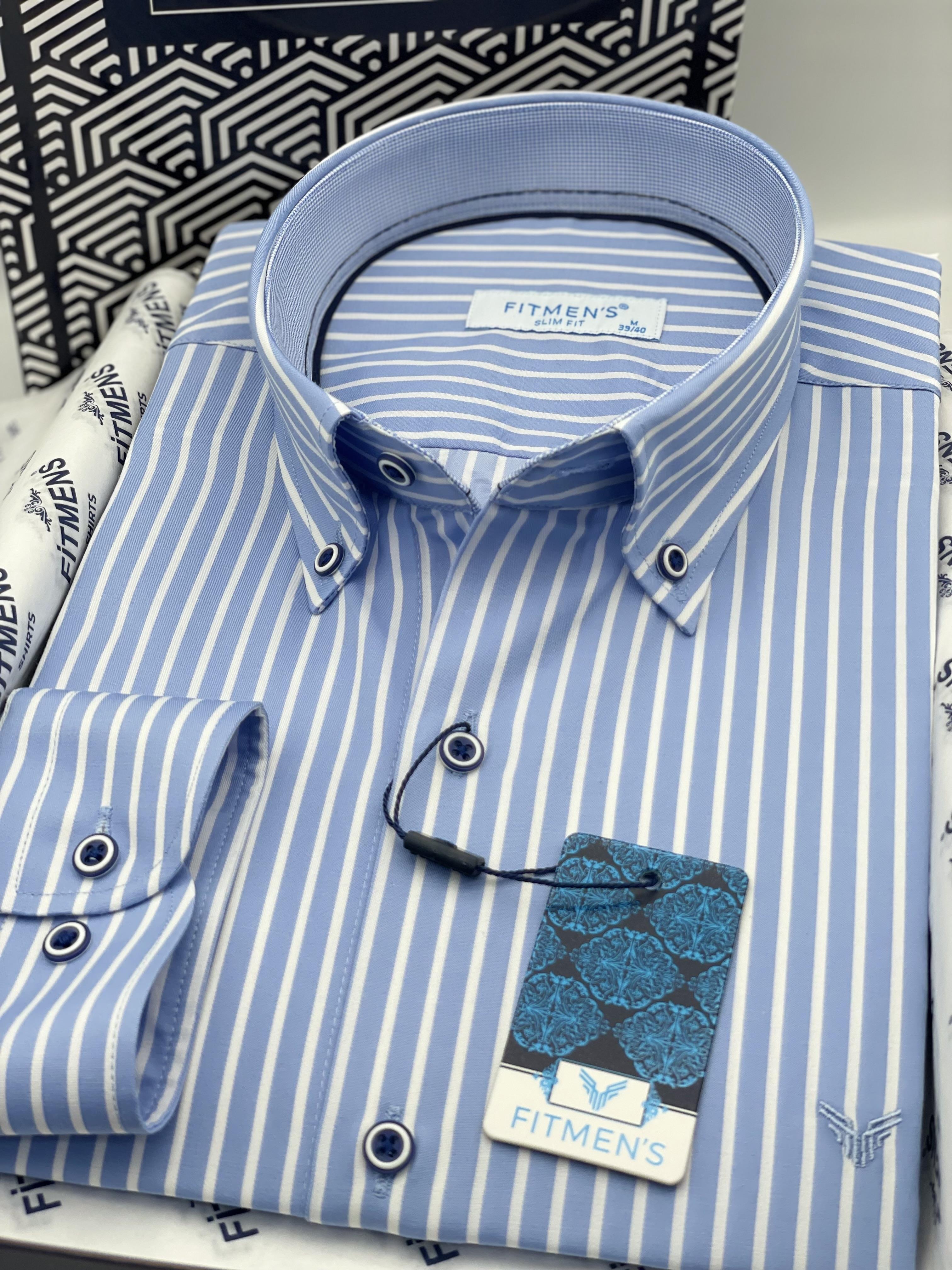 Slim Fit Uzun Kol Premium Kalın Çizgili Yaka Düğmeli Hediye Kutulu Kolay Ütülenebilir Erkek Gömlek FS-001375 - Açık Mavi