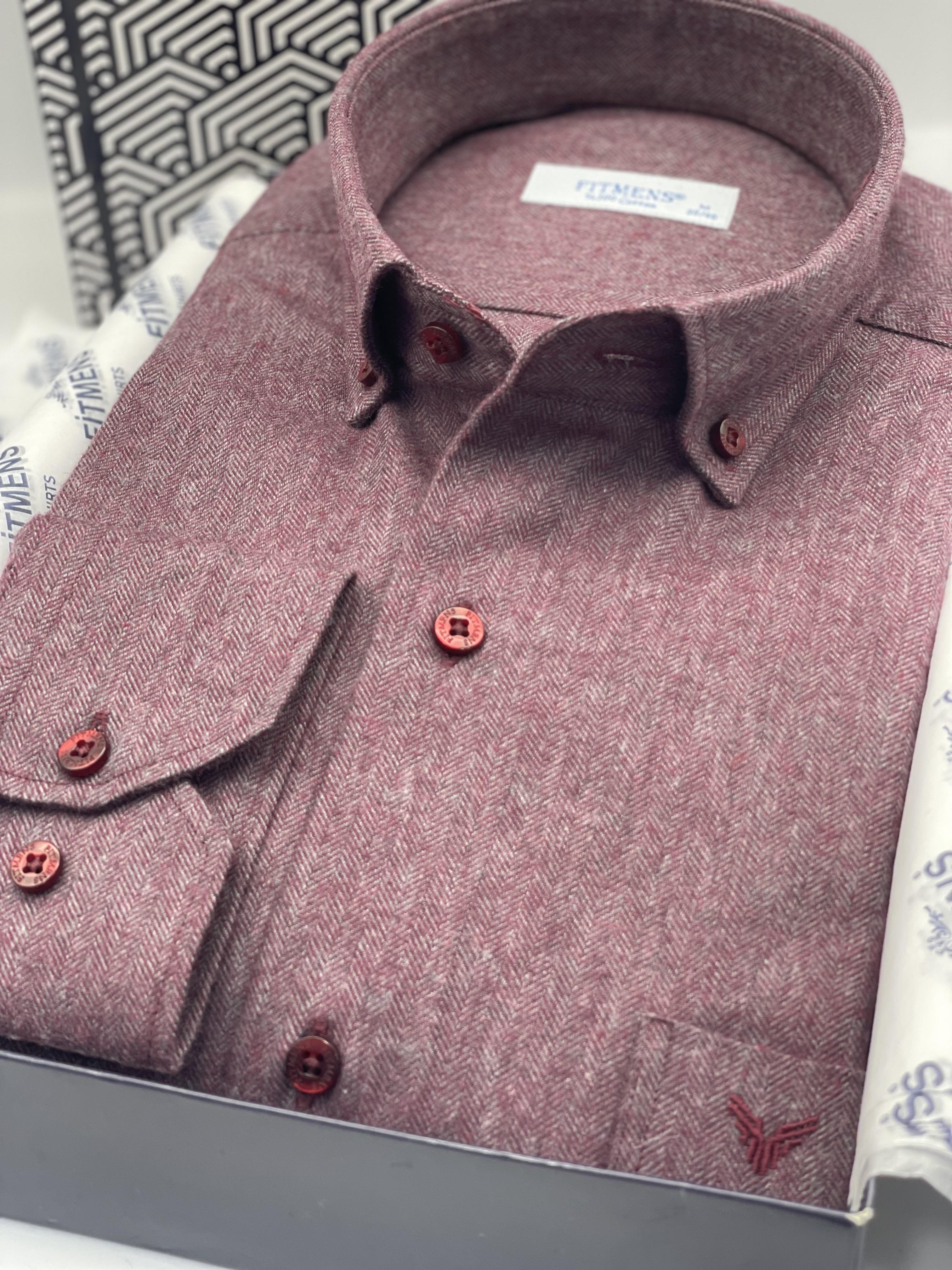 Klasik Uzun Kol Kışlık %100 Cotton Balıksırtı Yaka Düğmeli Hediye Kutulu Erkek Gömlek FS-001991 - Bordo