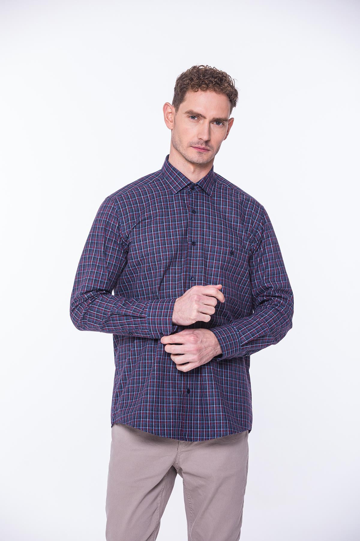 Klasik Uzun Kol Kışlık %100 Cotton Kareli Yaka Alttan Düğmeli Hediye Kutulu Erkek Gömlek FS-001984 - Bordo