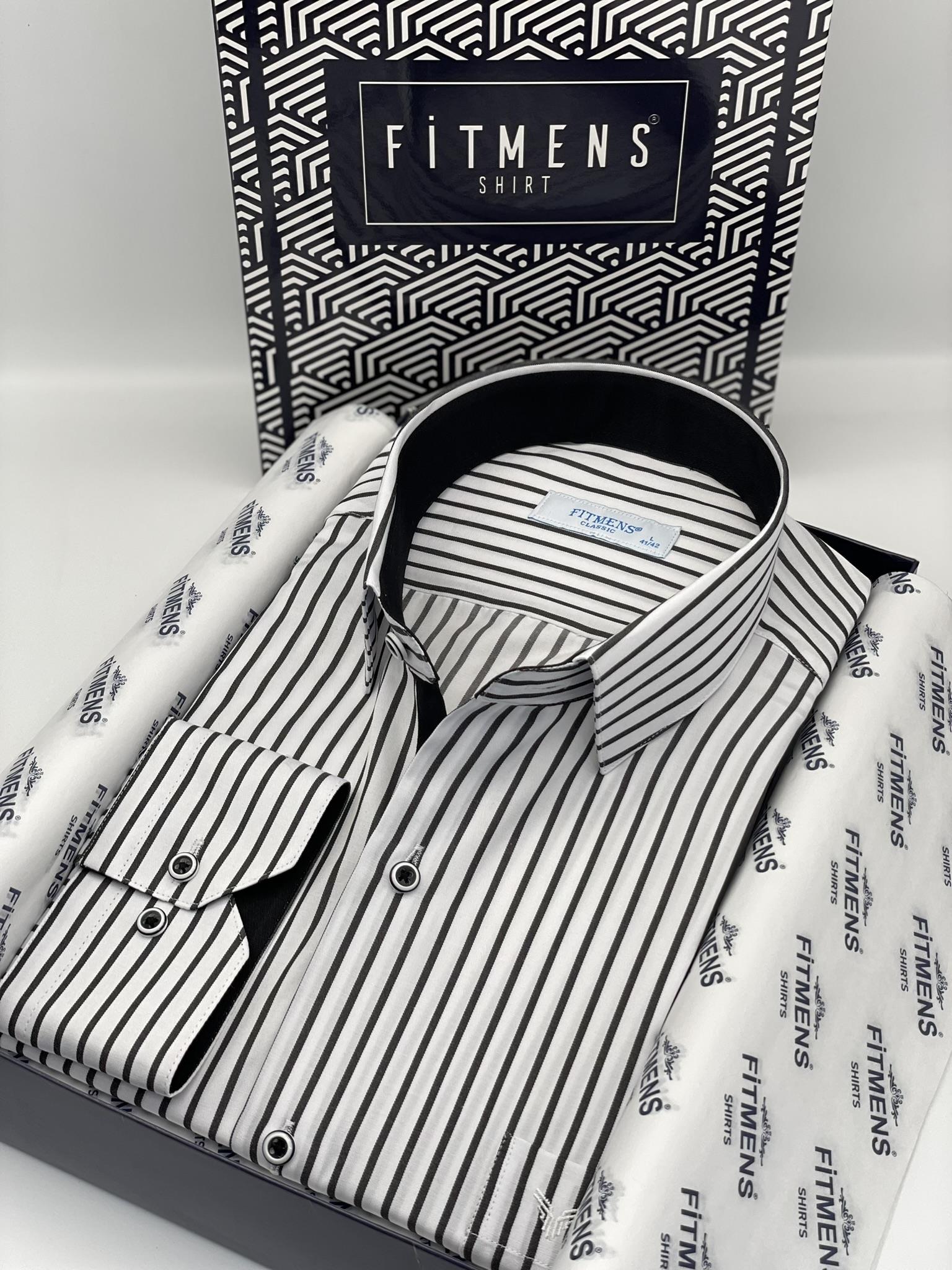 Klasik Uzun Kol Kalın Çizgili Hediye Kutulu Erkek Gömlek FS-001260 - Beyaz Siyah