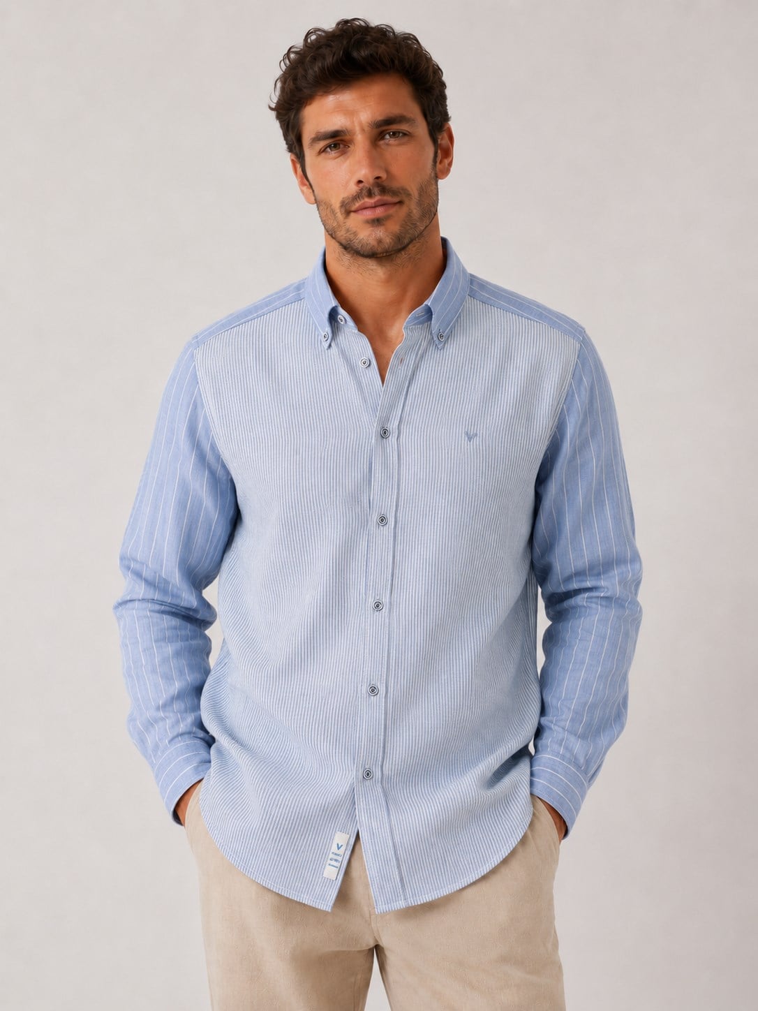 Slim Fit Uzun Kol Çift Desen Yaka Düğmeli Keten Likra Cepsiz Hediye Kutulu Erkek Gömlek FS-004578 - Açık Mavi