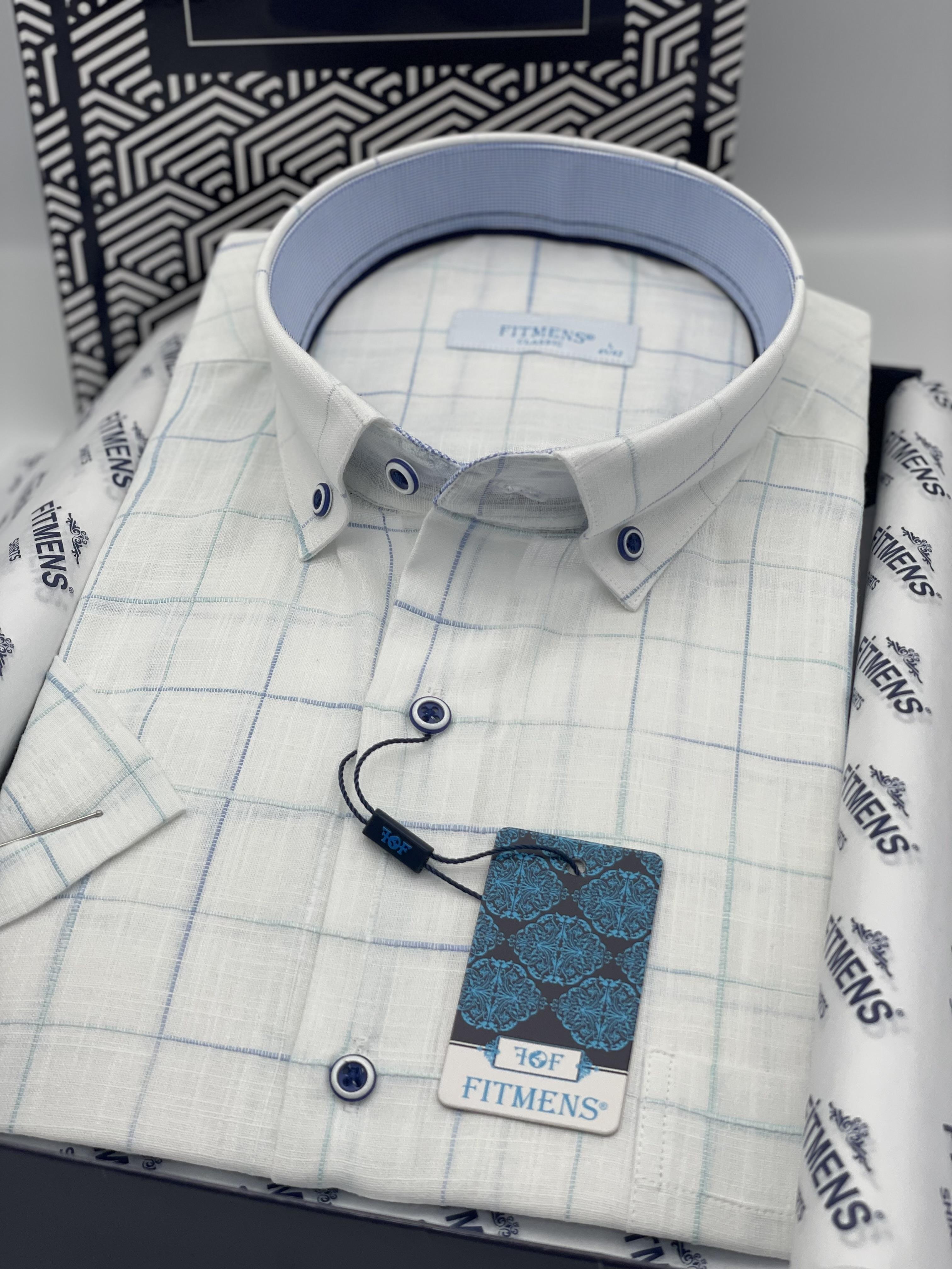 Klasik Kısa Kol Kareli Keten Cotton Yaka Düğmeli Hediye Kutulu Erkek Gömlek FS-003573 - Beyaz Mavi