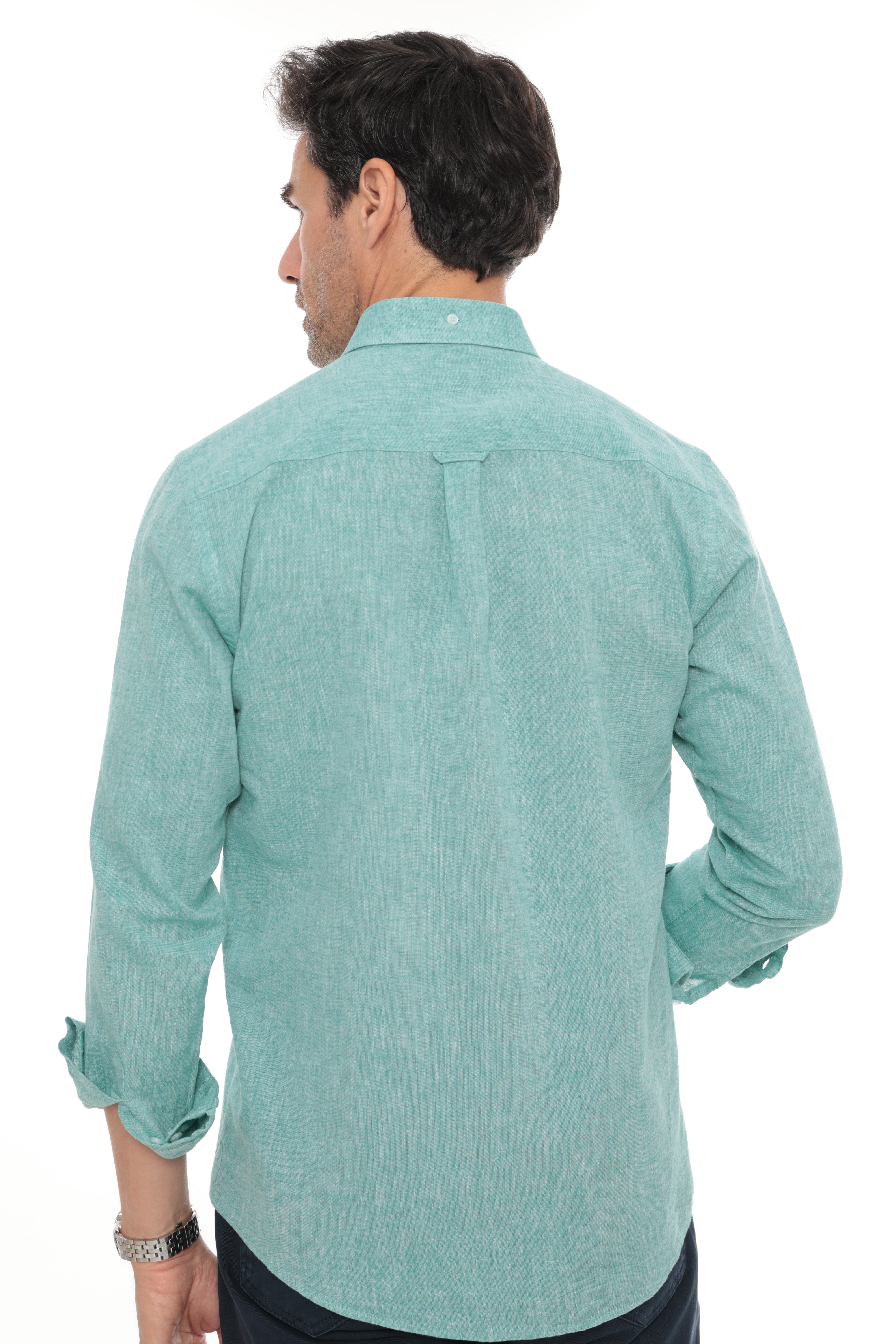 Slim Fit Uzun Kol Yaka Düğmeli Nefes Alan Keten Hediye Kutulu Erkek Gömlek FS-004548 - Açık Yeşil