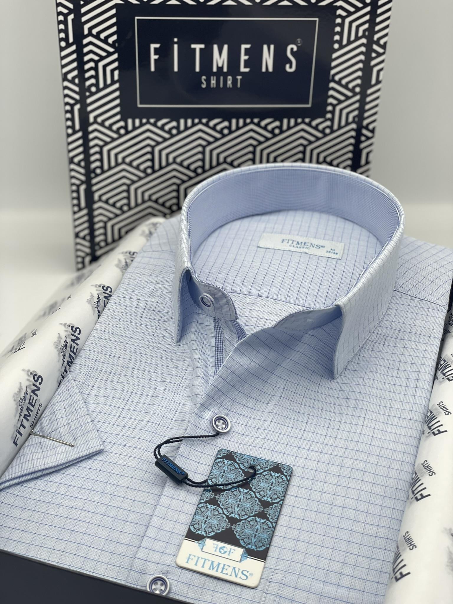 Klasik Kısa Kol Keten Cotton Kareli Pamuk Hediye Kutulu Erkek Gömlek FS-003009 - Açık Mavi