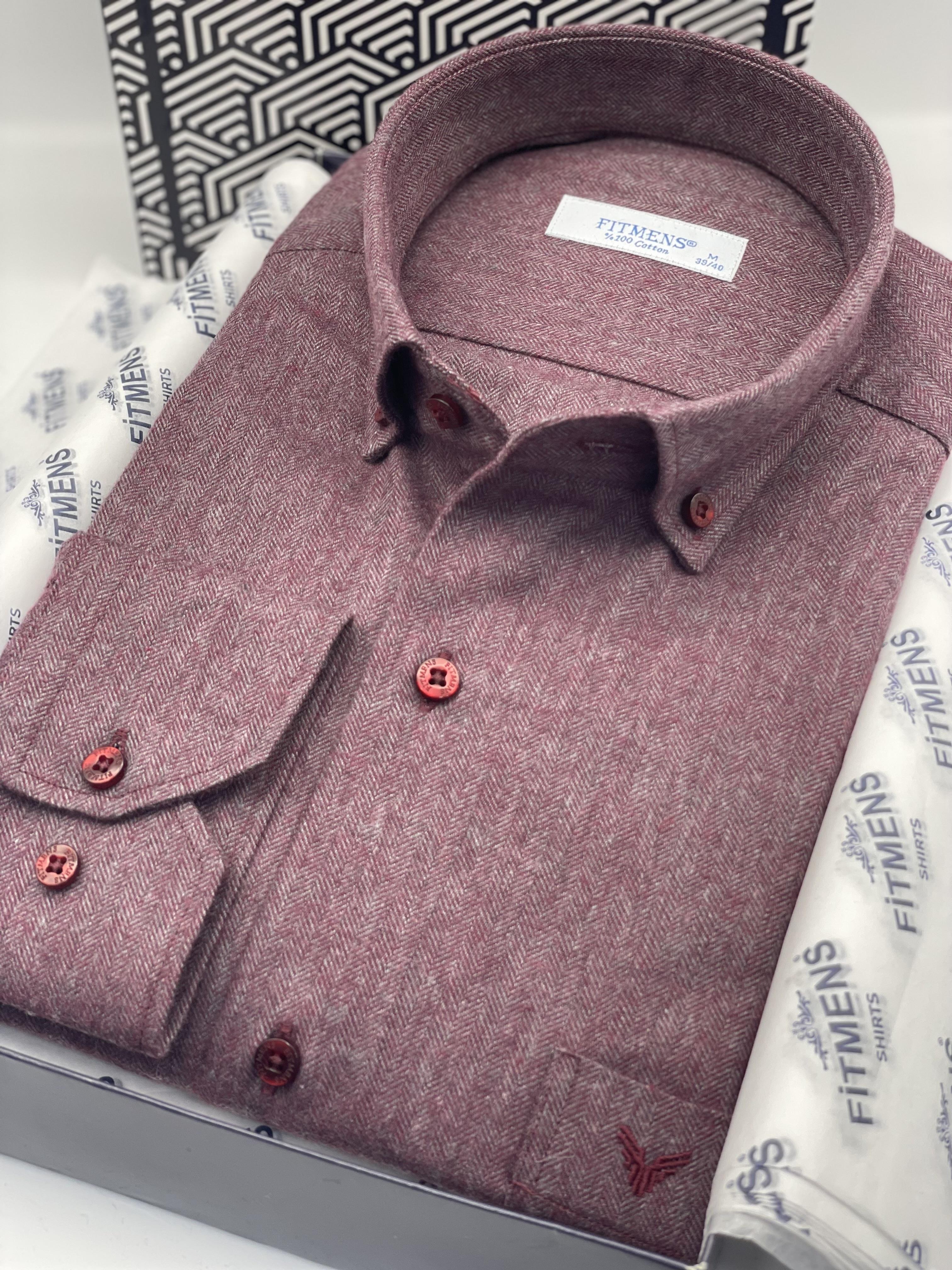 Klasik Uzun Kol Kışlık %100 Cotton Balıksırtı Yaka Düğmeli Hediye Kutulu Erkek Gömlek FS-001991 - Bordo