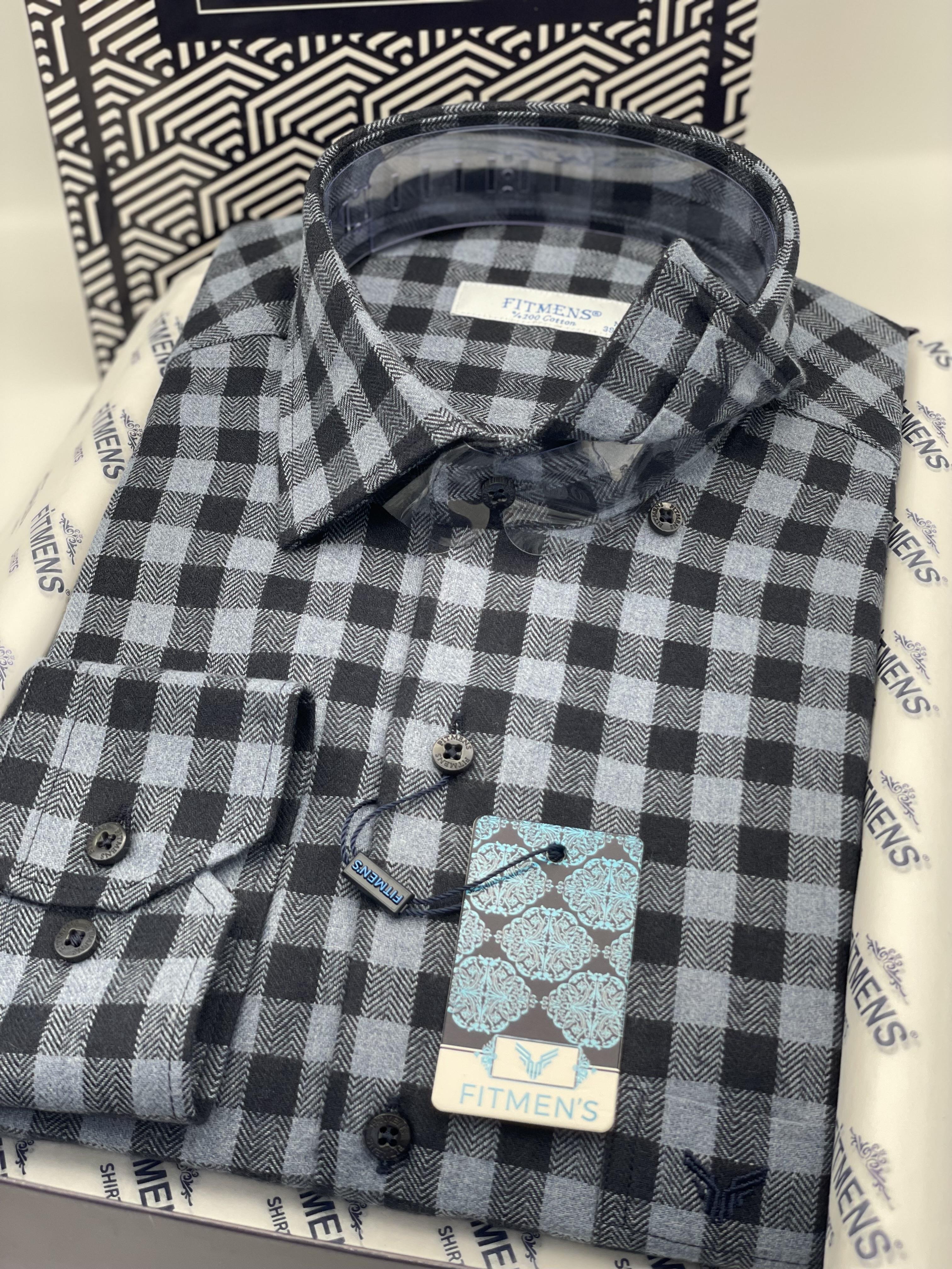 Klasik Uzun Kol Kışlık %100 Cotton Kareli Yaka Alttan Düğmeli Hediye Kutulu Erkek Gömlek FS-001988 - Antrasit