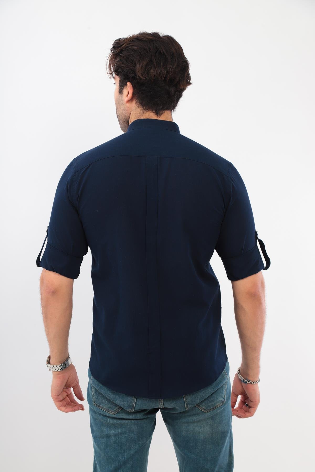 Hakim Yaka Slim Fit Keten Hediye Kutulu Erkek Gömlek FS-003042 - Lacivert