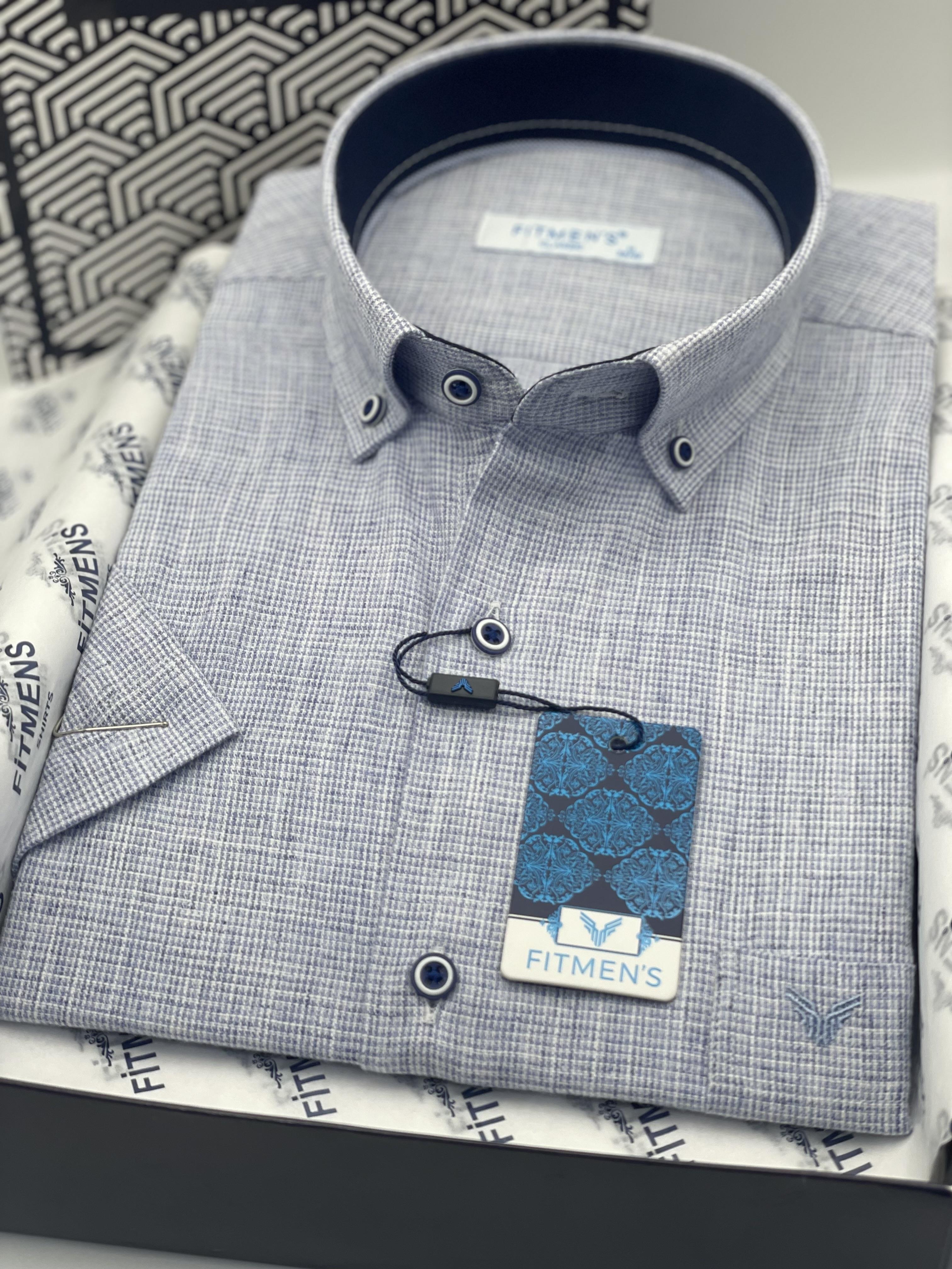 Klasik Kısa Kol Keten Yaka Düğmeli Hediye Kutulu Erkek Gömlek FS-003626 - Mavi