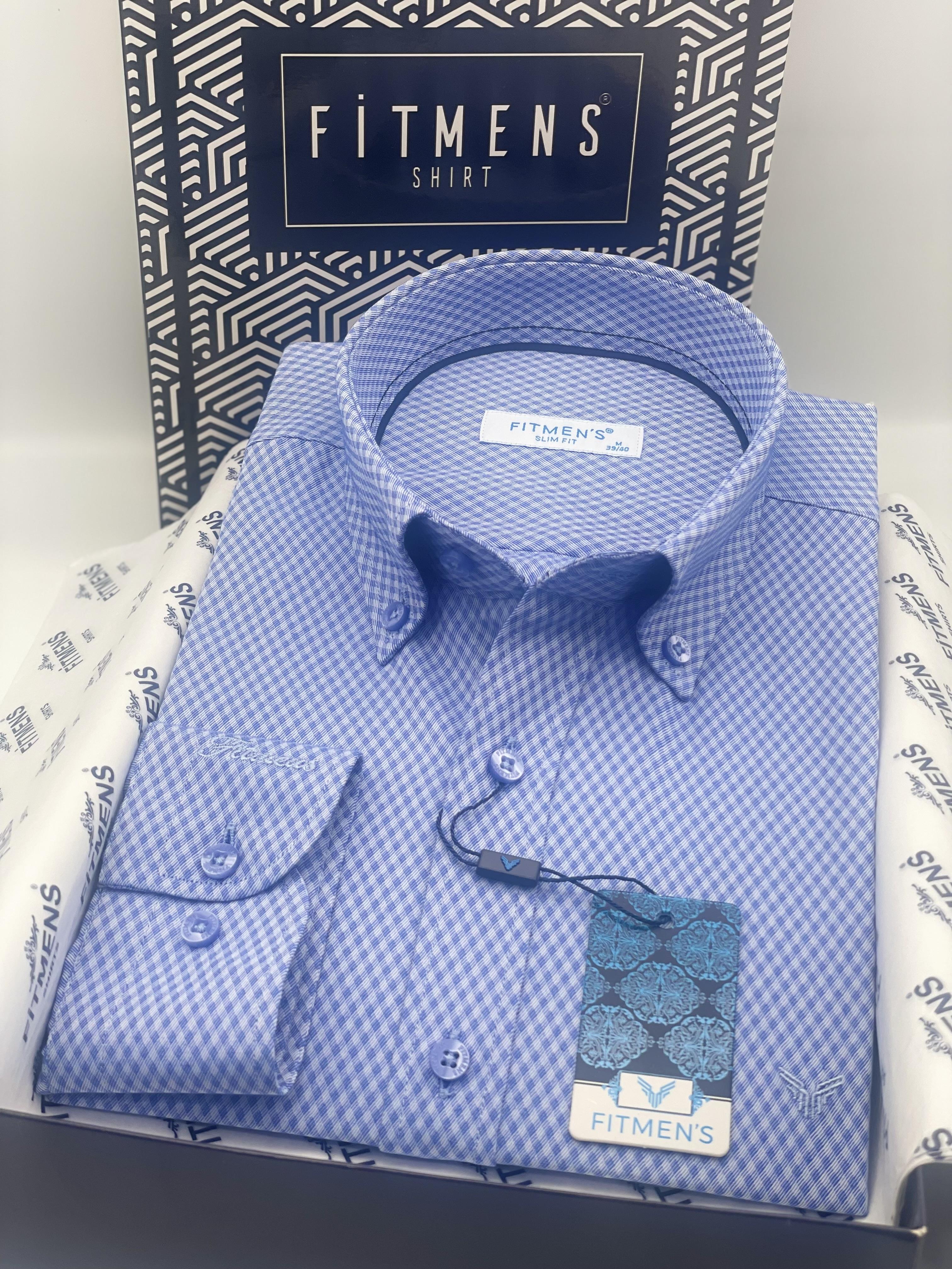 Slim Fit Uzun Kol Baklava Desen Kol Nakışlı Yaka Düğmeli Hediye Kutulu Şık Erkek Gömlek FS-004200 - Saks Mavi