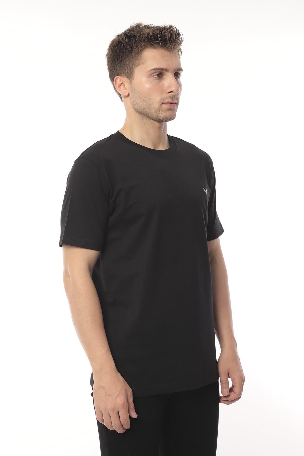 Slim Fit Kısa Kol Nakışlı %100 Pamuklu T-Shirt FS-003011 - Siyah