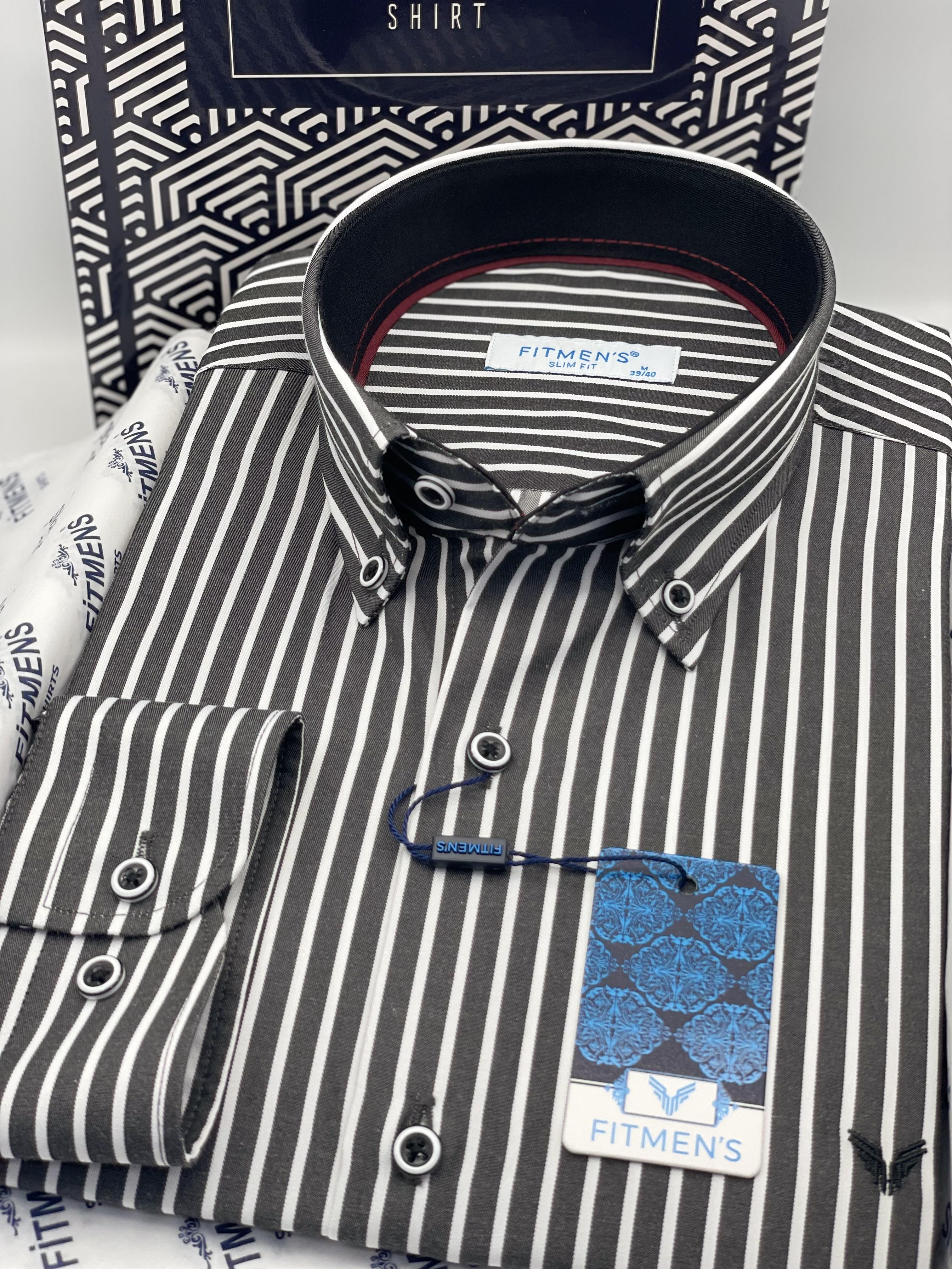 Slim Fit Uzun Kol Premium Kalın Çizgili Yaka Düğmeli Hediye Kutulu Kolay Ütülenebilir Erkek Gömlek FS-001375 - Siyah