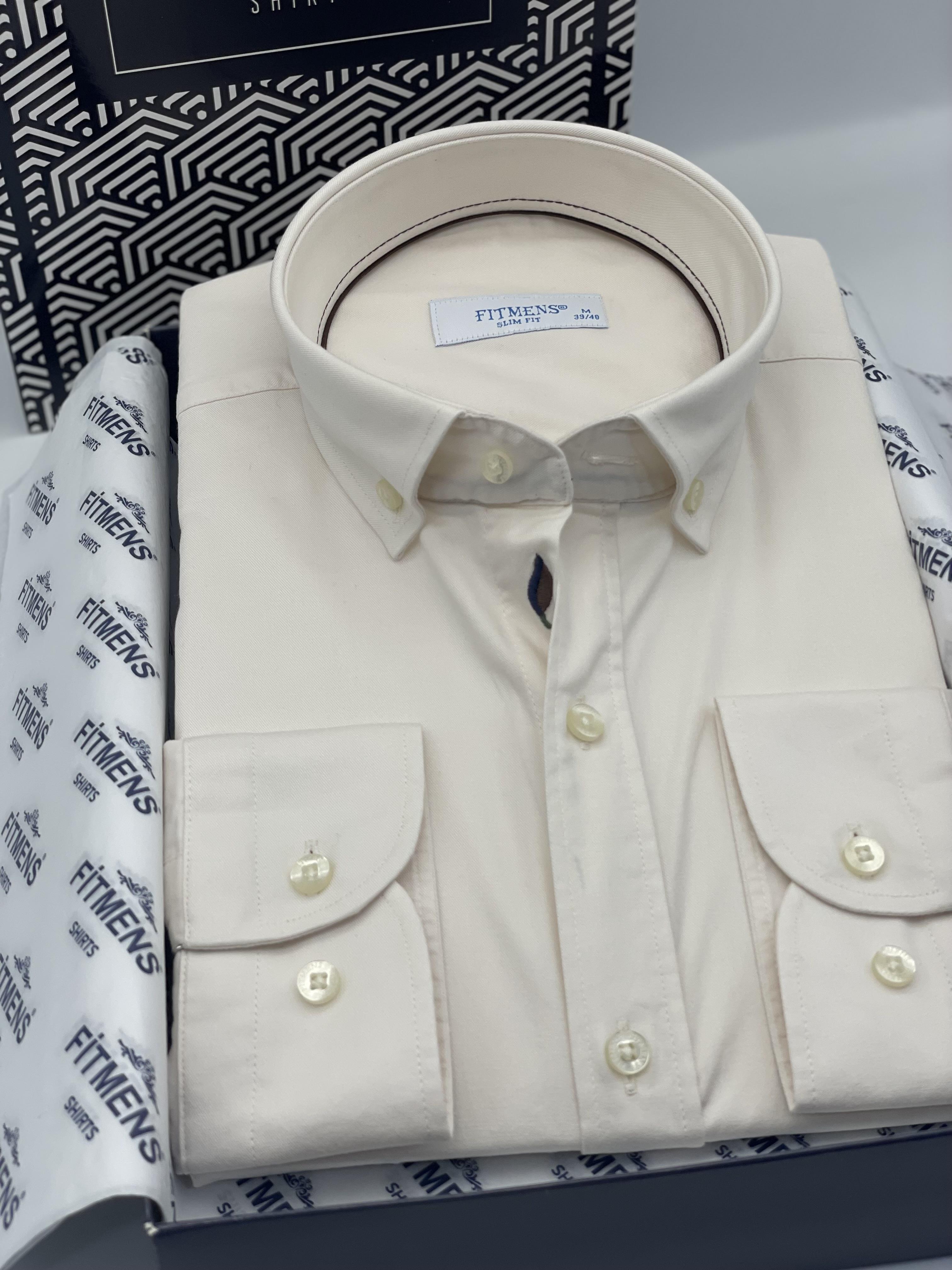 Slim Fit Uzun Kol Yıkamalı Gabardin Hediye Kutulu Erkek Gömlek FS-001364 - Krem