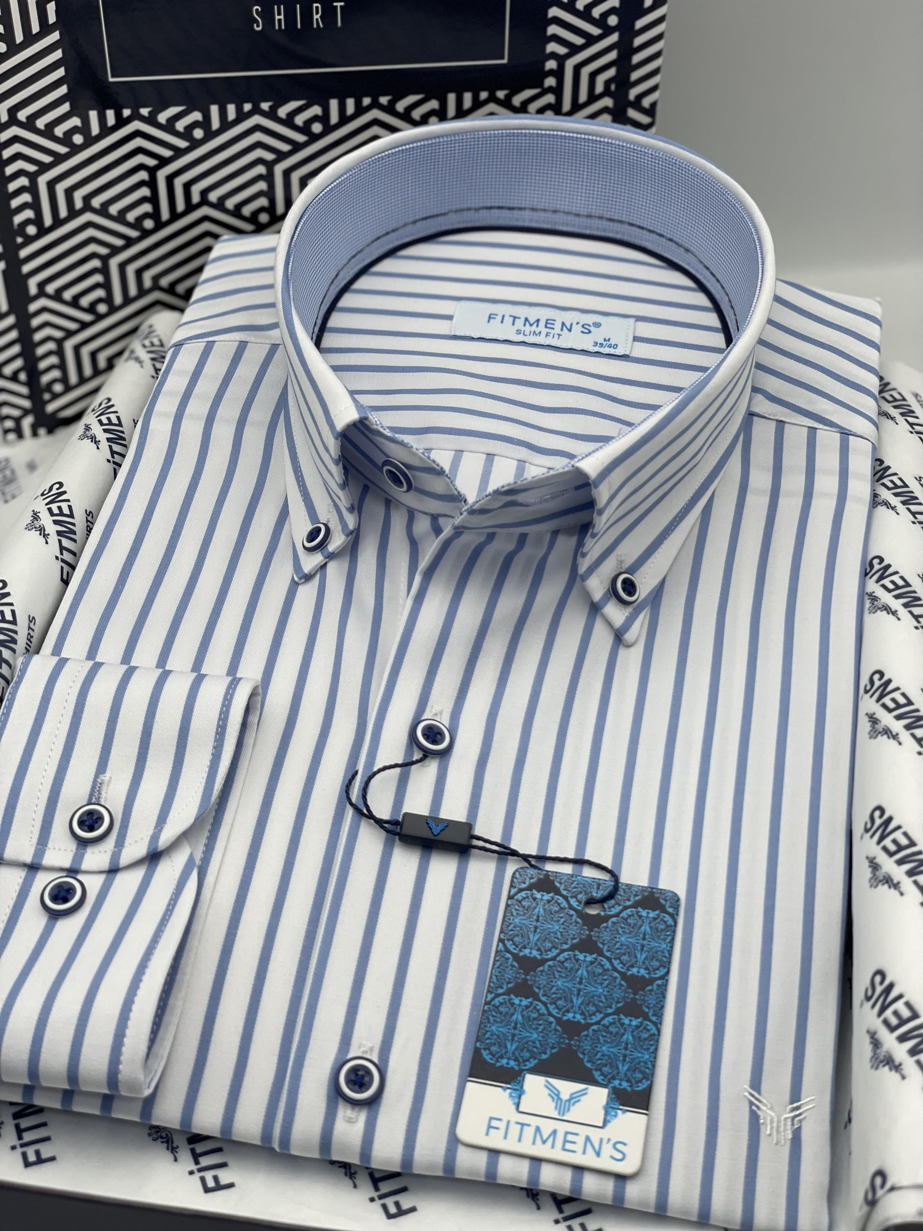 Slim Fit Uzun Kol Premium Kalın Çizgili Yaka Düğmeli Hediye Kutulu Kolay Ütülenebilir Erkek Gömlek FS-001375 - Beyaz Açık Mavi