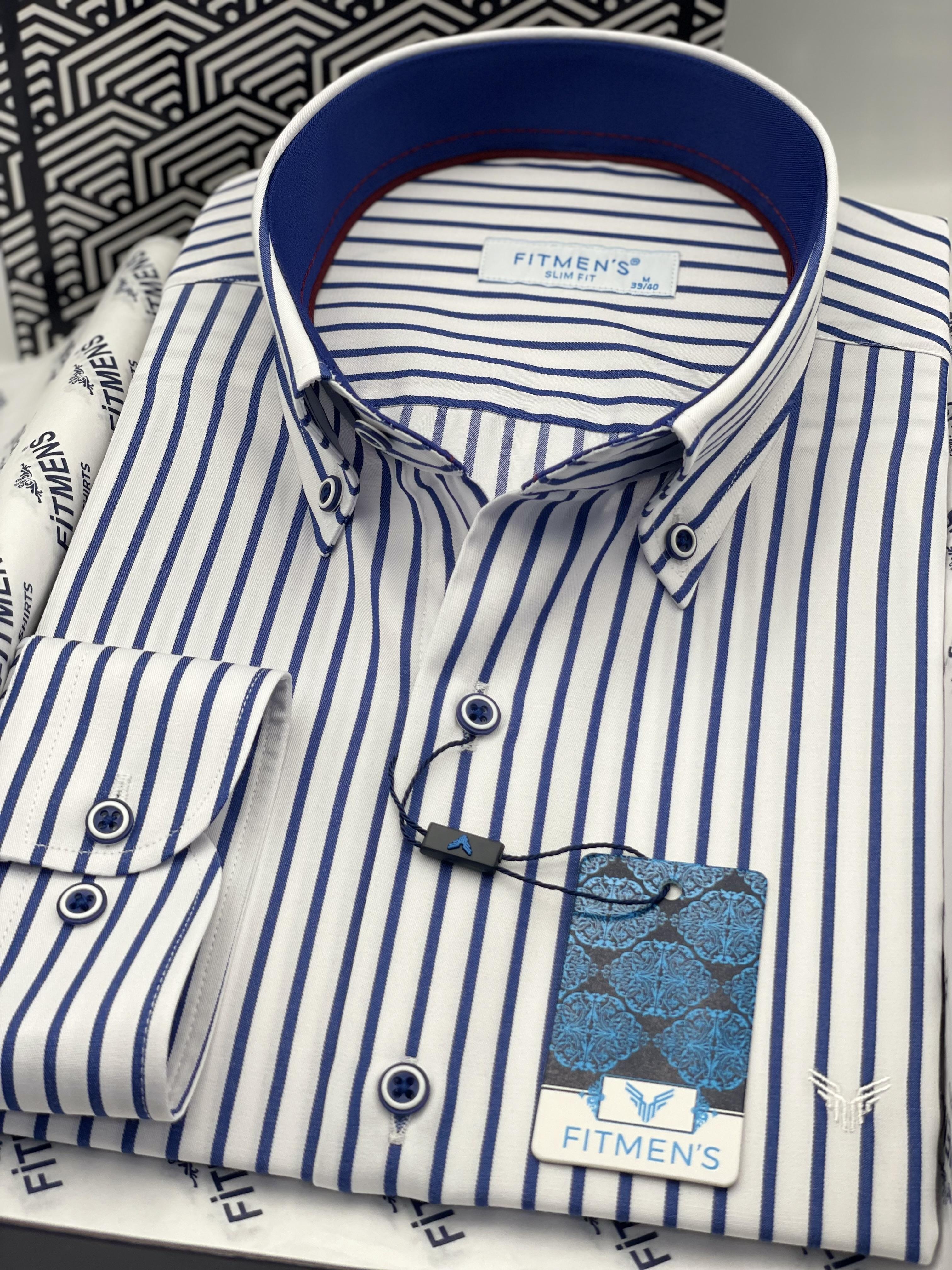 Slim Fit Uzun Kol Premium Kalın Çizgili Yaka Düğmeli Hediye Kutulu Kolay Ütülenebilir Erkek Gömlek FS-001375 - Beyaz Saks Mavi