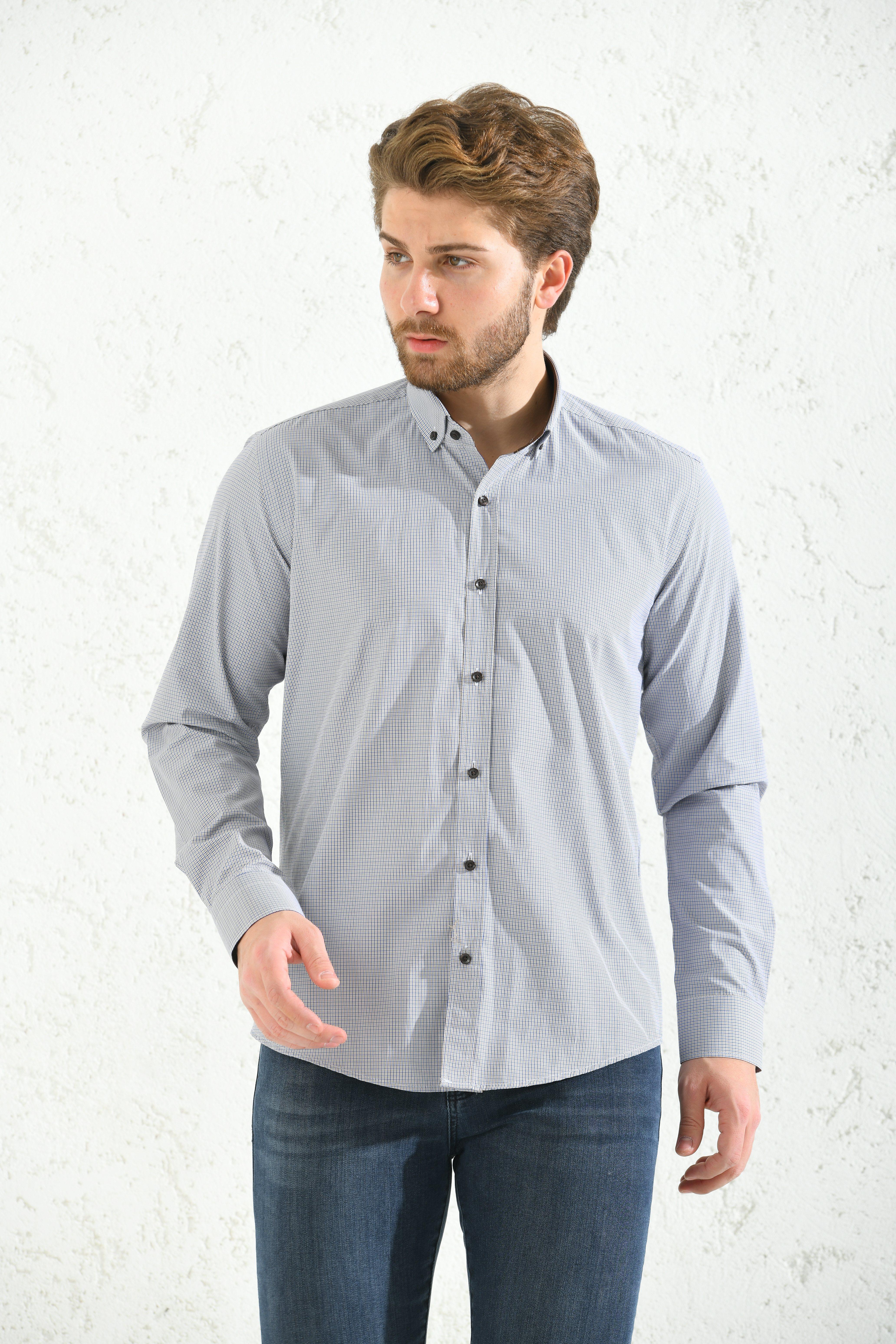 Slim Fit Uzun Kol Pöti Kareli Yaka Düğmeli Hediye Kutulu Erkek Gömlek FS-001373 - Kahverengi