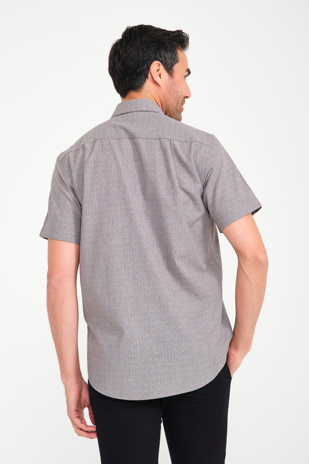 Klasik Kısa Kol Açık Zemin Kutu Desen Keten Cotton Hediye Kutulu Erkek Gömlek FS-000745 - Gri