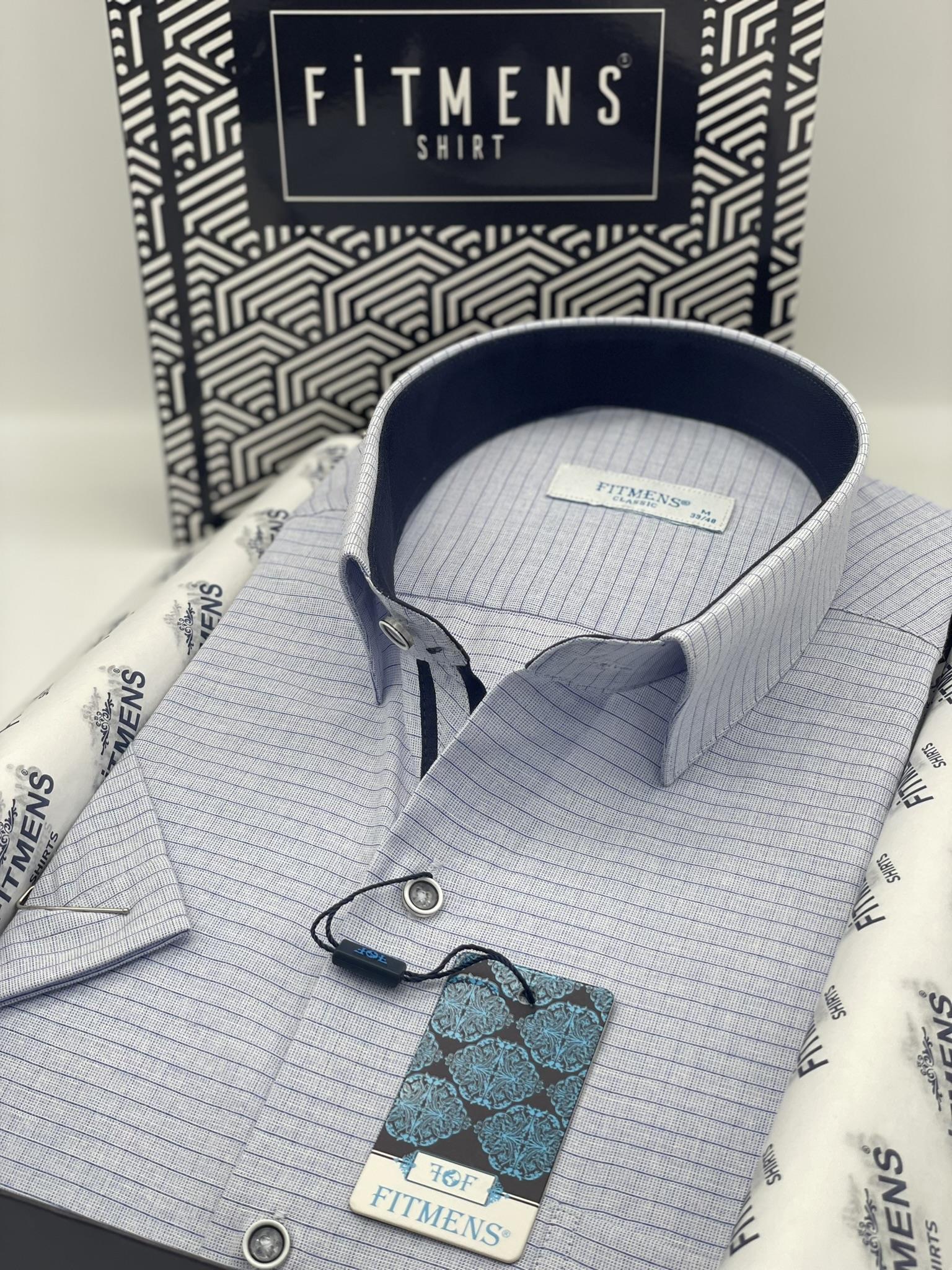 Klasik Kısa Kol Keten Cotton Kareli Pamuk Hediye Kutulu Erkek Gömlek FS-003009 - Mavi