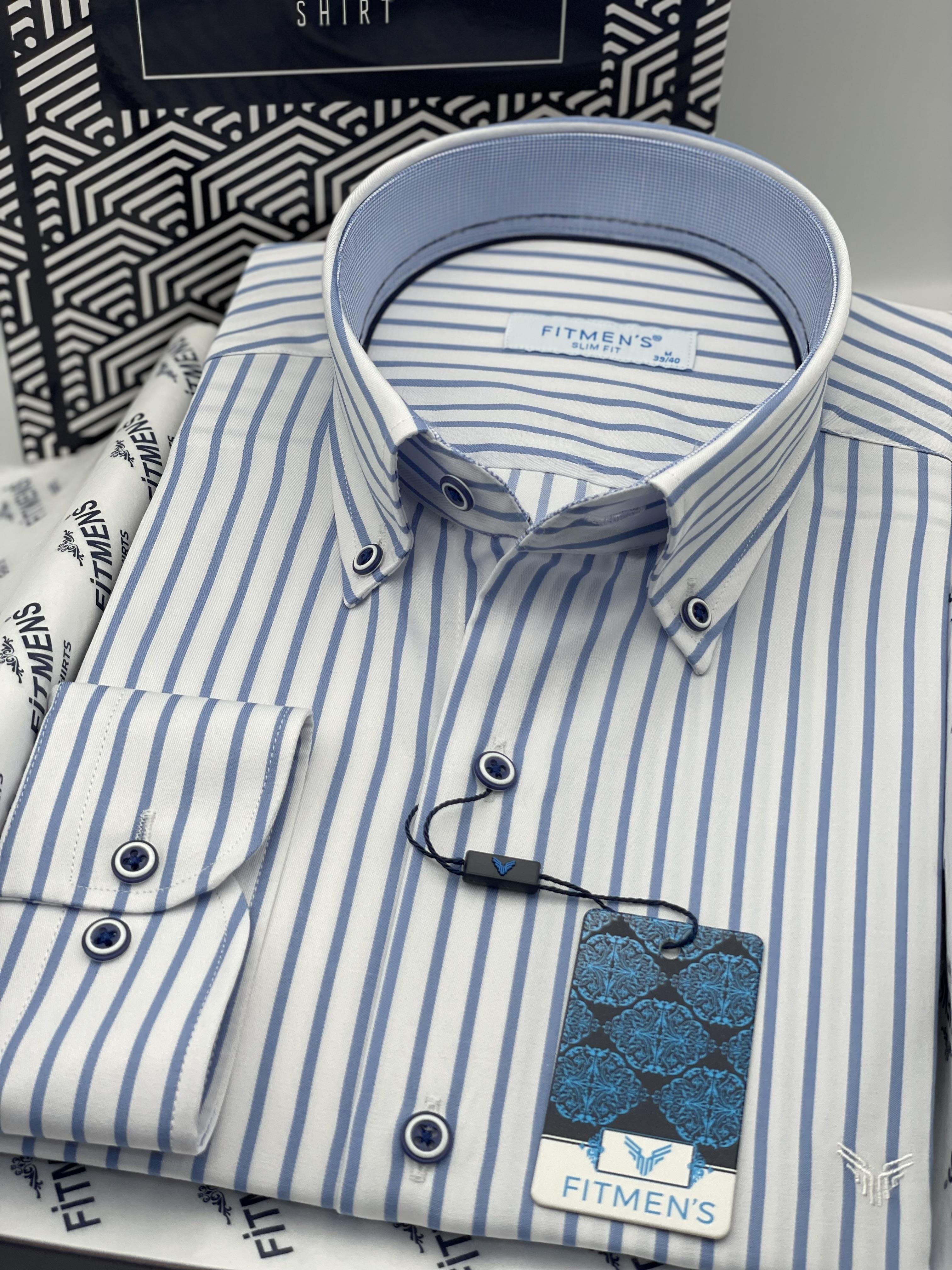 Slim Fit Uzun Kol Premium Kalın Çizgili Yaka Düğmeli Hediye Kutulu Kolay Ütülenebilir Erkek Gömlek FS-001375 - Beyaz Açık Mavi