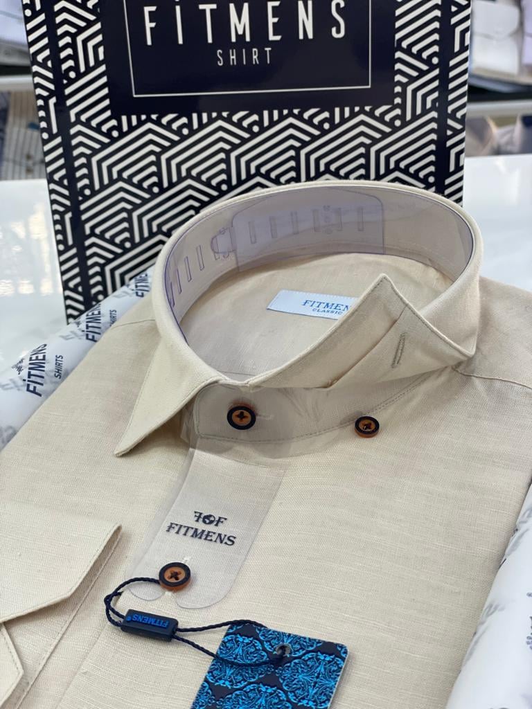 Klasik Uzun Kol Linen Keten Erkek Cepsiz Hediye Kutulu Gömlek FS-003044 - Bej