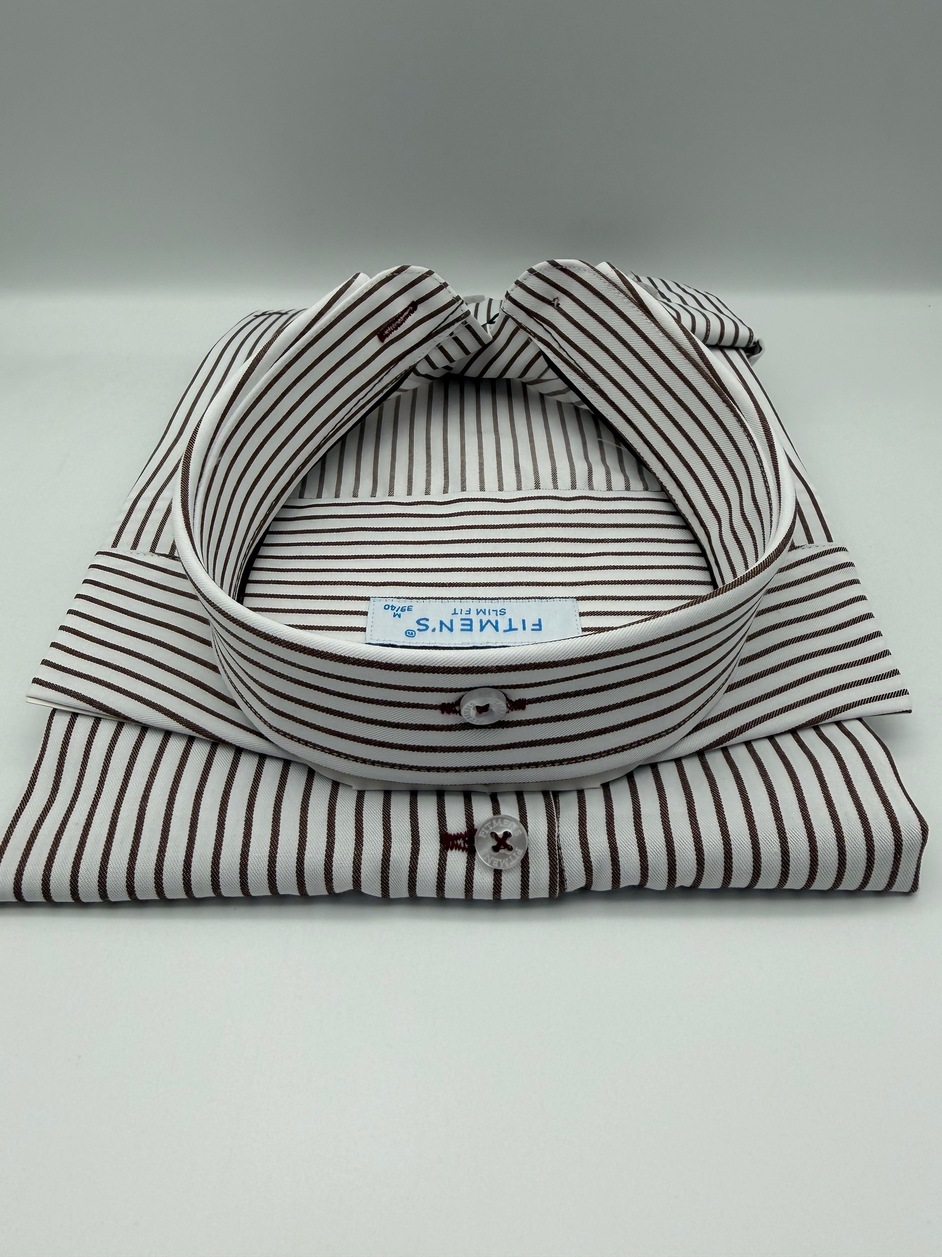 Slim Fit Uzun Kol Premium Çizgili Yaka Düğmeli Hediye Kutulu Erkek Gömlek FS-004440 - Kahverengi