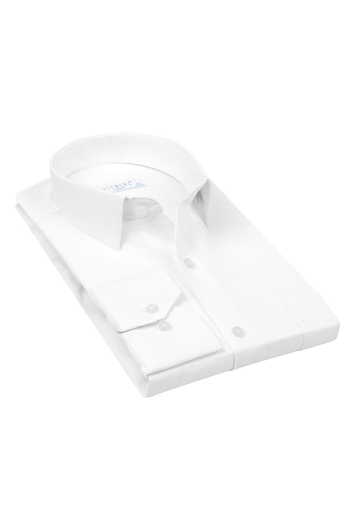 Klasik Uzun Kol Baklava Desenli Armür Hediye Kutulu Erkek Gömlek FS-001268 - Beyaz
