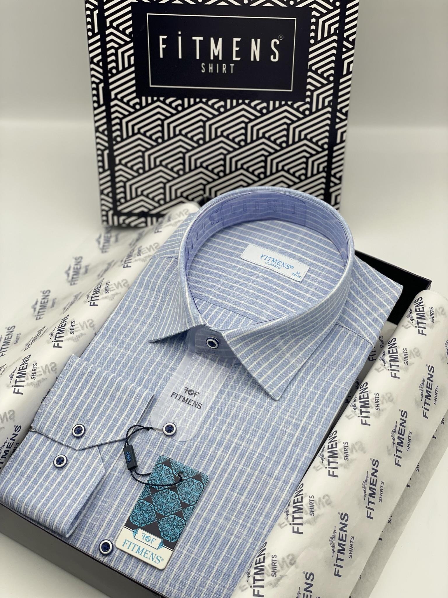 Klasik Uzun Kol Çizgili Keten Cotton Cepsiz Yaka Düğmeli Erkek Hediye Kutulu Gömlek FS-003169 - Açık Mavi