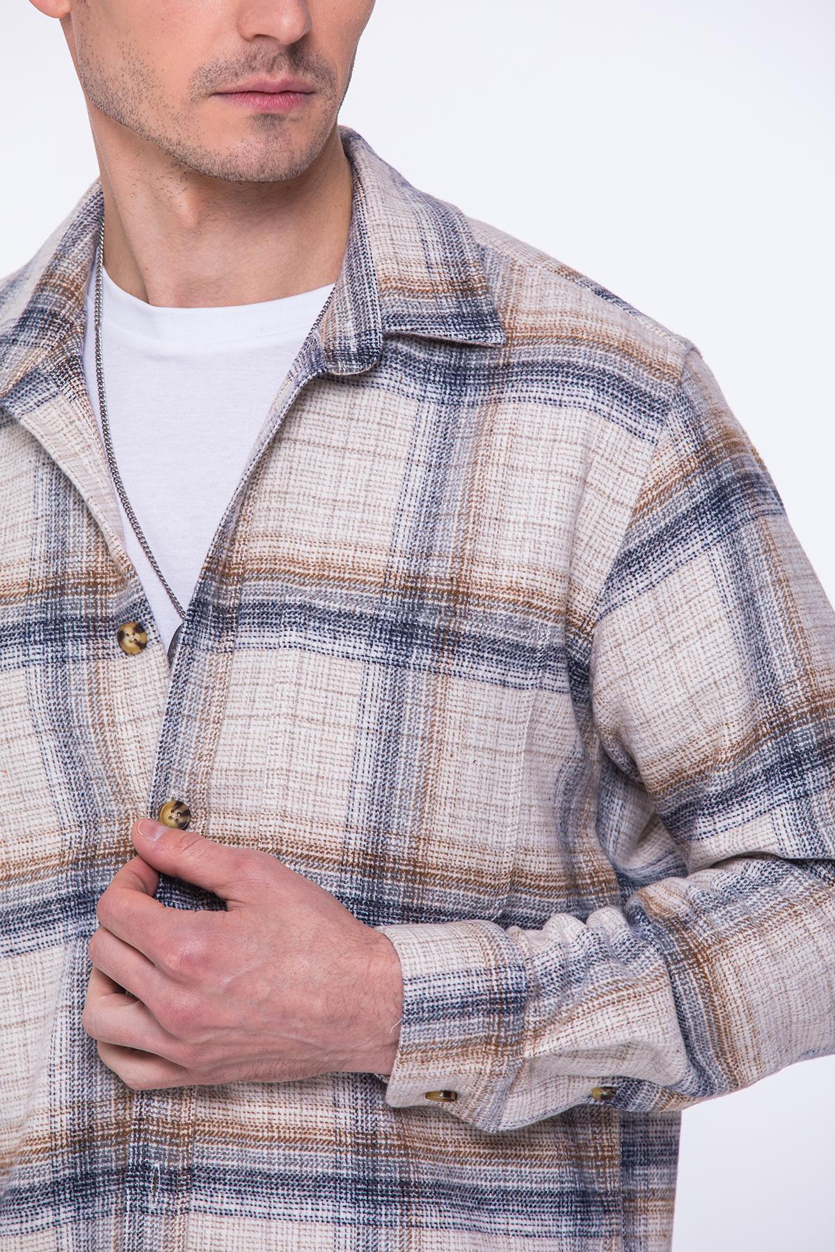 Oversize Oduncu Yumuşak Dokulu %100 Cotton Kareli Hediye Kutulu Erkek Gömlek FS-002202 - Bej