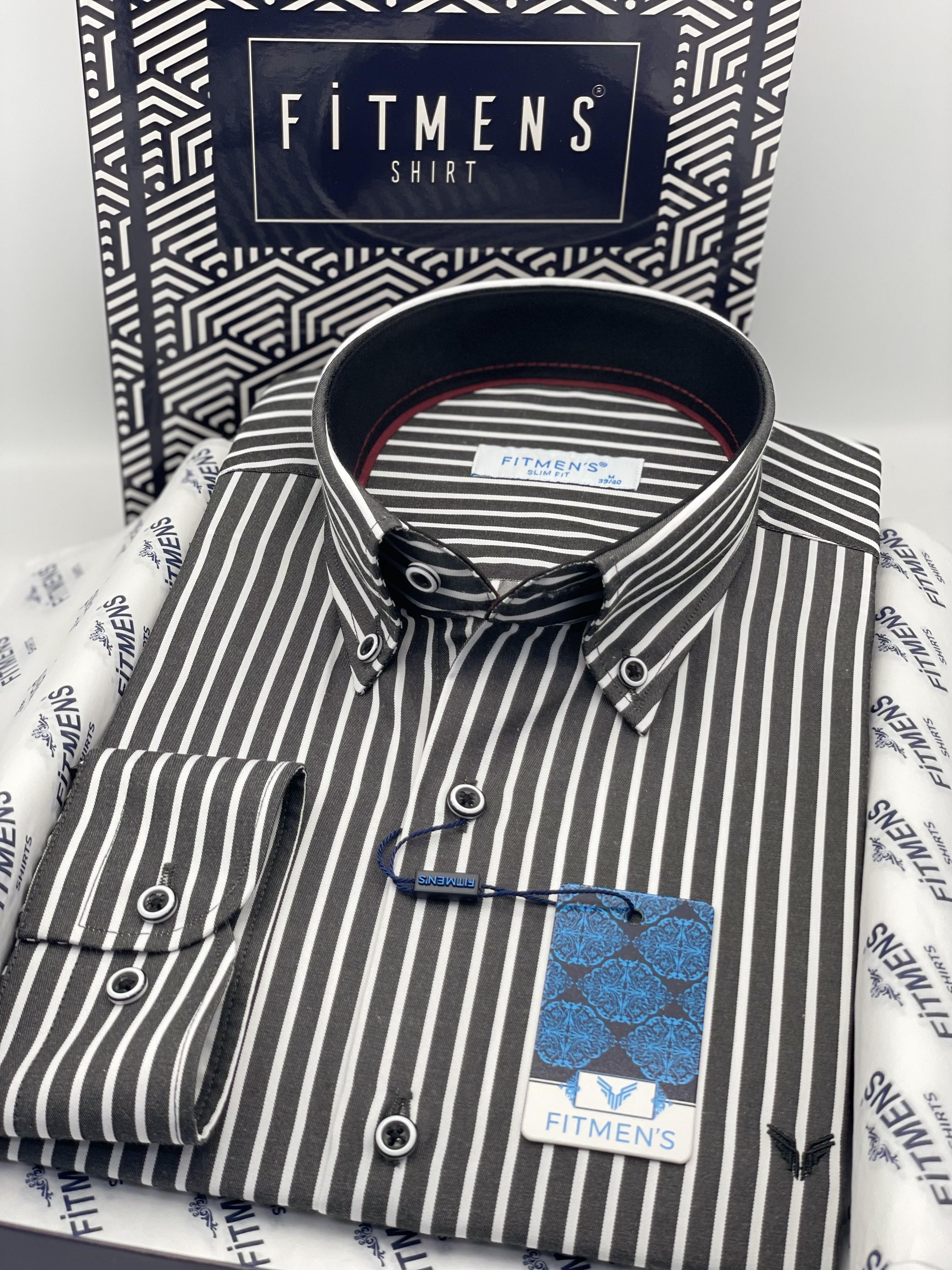 Slim Fit Uzun Kol Premium Kalın Çizgili Yaka Düğmeli Hediye Kutulu Kolay Ütülenebilir Erkek Gömlek FS-001375 - Siyah